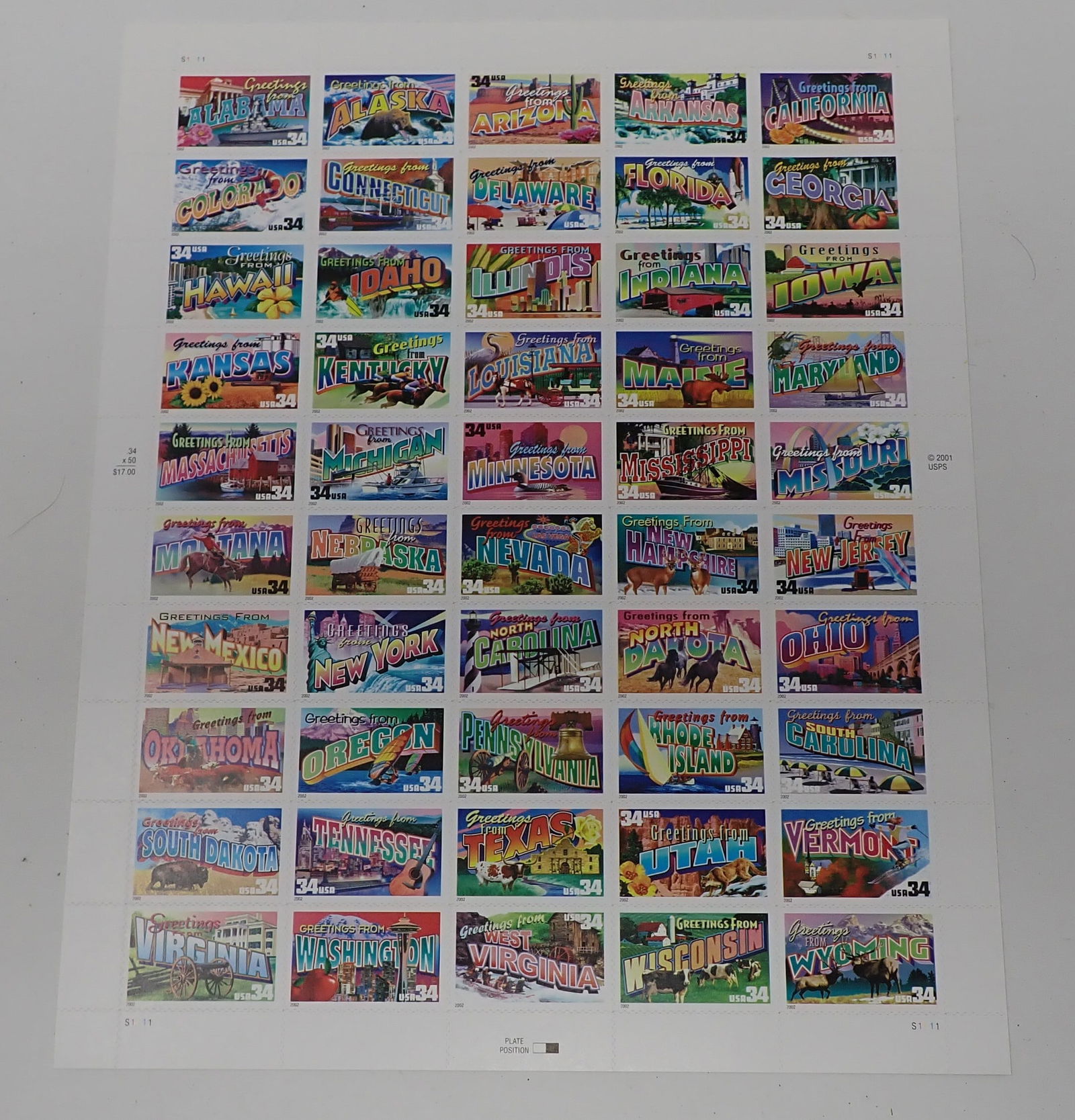 Sheet of US State Stamps 34 Cent (1 of 2)