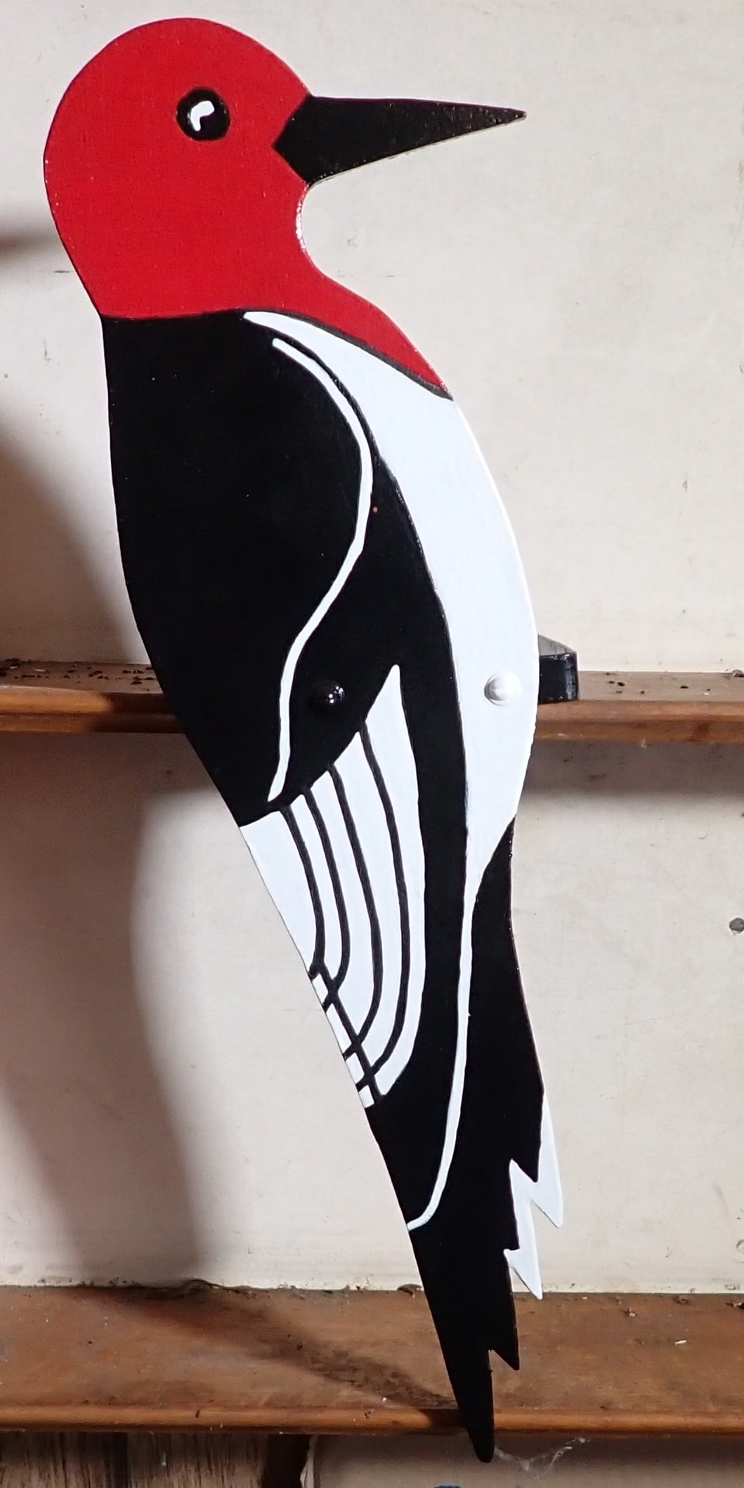 Wooden Woodpecker: Approx 6" x 23". Has bracket on it to mount to tree.