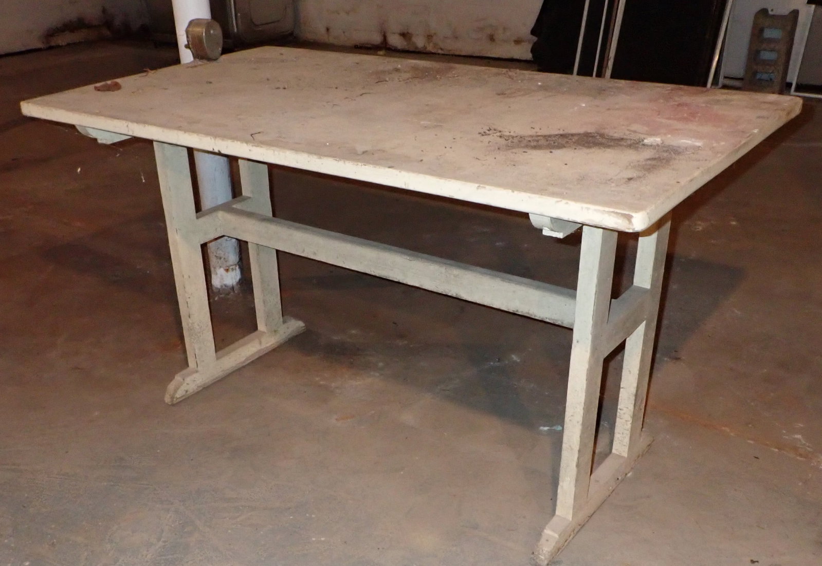 Sawbuck Table: Apprx 30 1/8" x 53 7/8" x 30 1/4" tall. Buyer to bring help to remove from basement. NO SHIPPING !