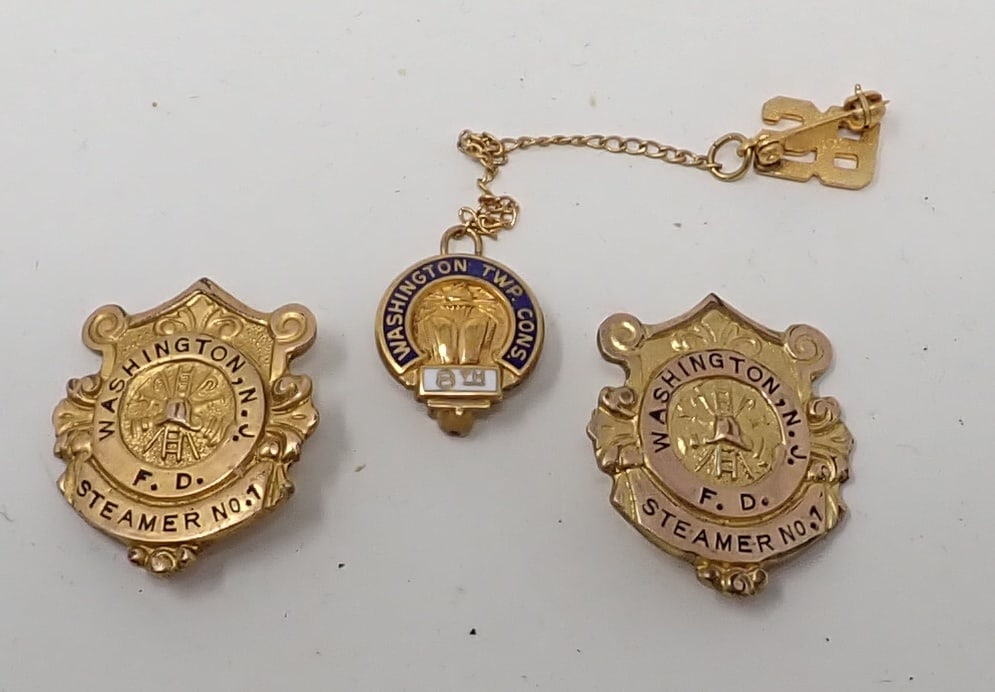 Washington NJ Steamer No.1 Fire Dept Badges: Fire Department badges are approx 3/4" x 7/8"