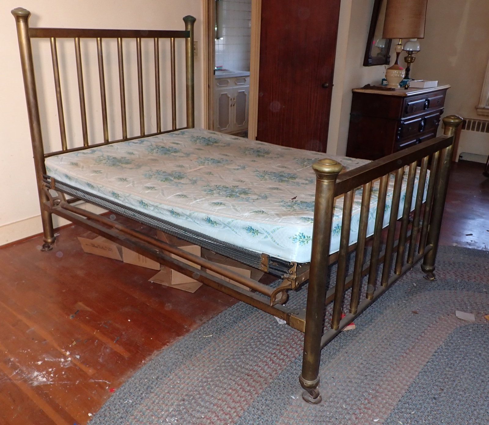 Bed w/ Brass Finish: Approx 55" X 81". Buyer to bring proper help to remove from second floor. NO shipping. Some parts are brass. You can leave the mattress.