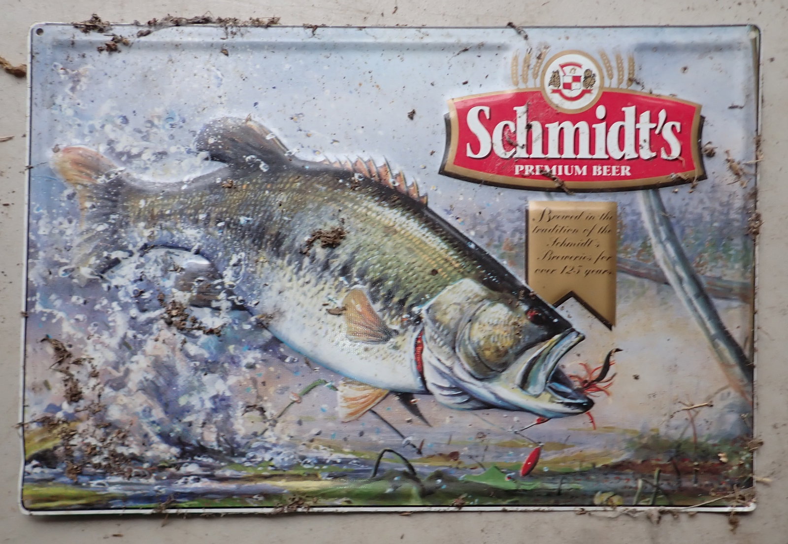 Schmidt's Tin Beer Sign w/ Largemouth Bass: Approx 12" x 18".