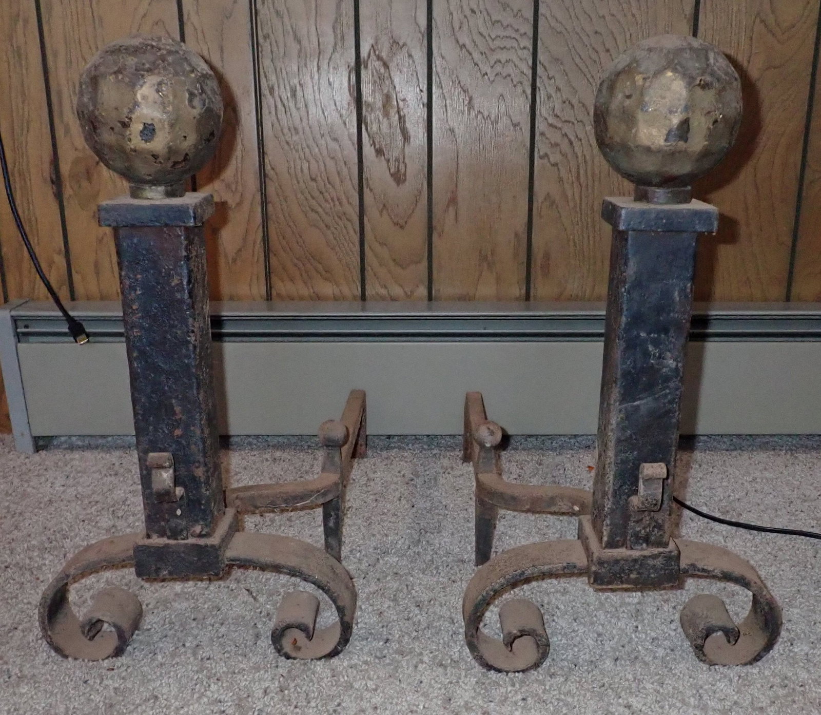 Pair of Arts & Crafts Hammered Andirons: Approx 11 3/4" wide, 23" tall, 25" long. Balls on top are hammered. NO shipping !