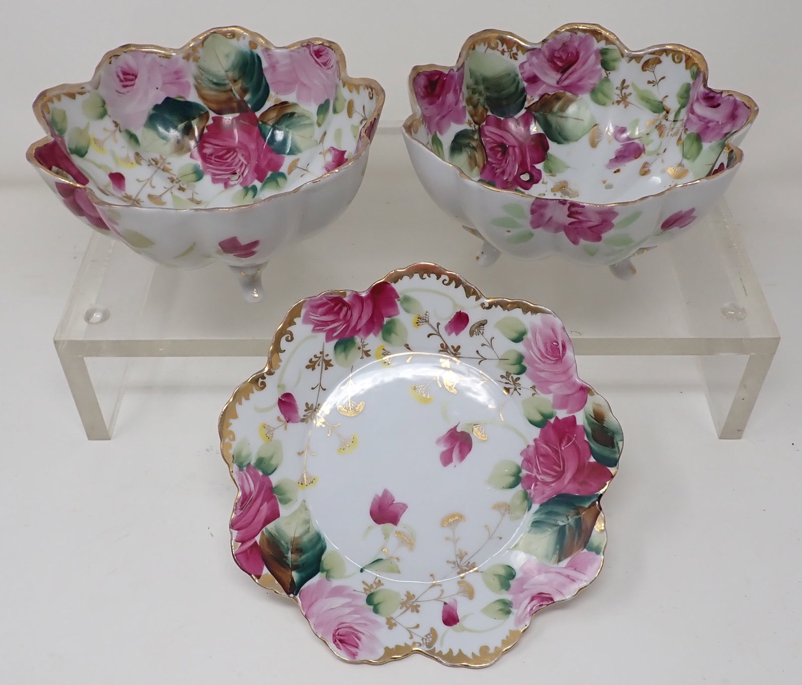 Hand Painted Porcelain Footed Bowls & Plate Nippon ?: Plate is approx 7 1/4" in diameter. Bowls have holes in bottom.