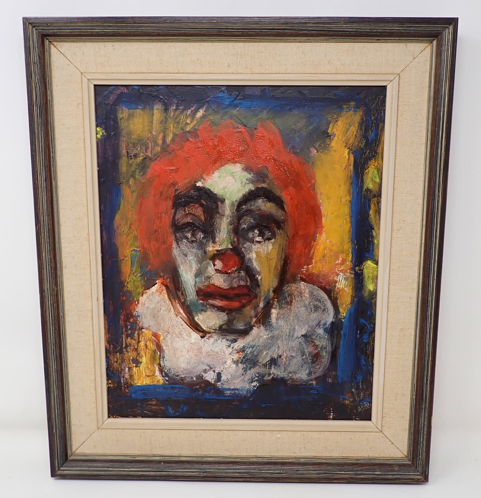 Clown Oil on Board Painting: Approx 13 1/8" x 15 1/4". If shipping is needed, contact our local UPS Store (5528) , BEFORE bidding. Their number is (908)213-6838 and select option 5 at the prompt.
