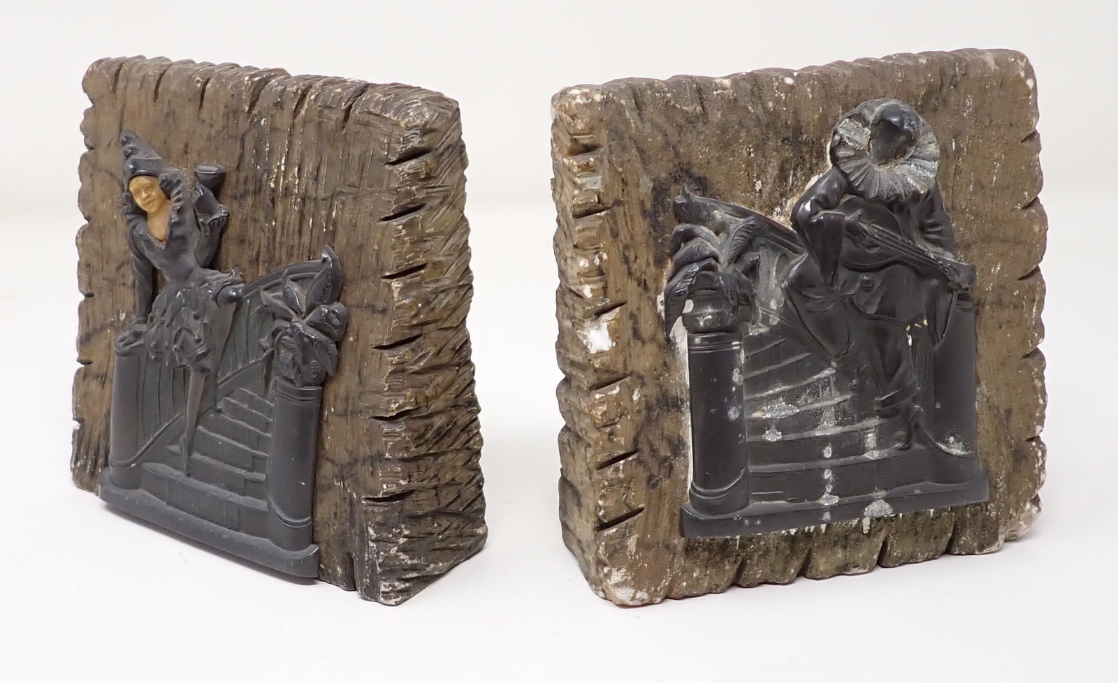 Marble Bookends: Metal applications are marked Germany. Approx 1 3/4" x 5" x 5 1/4" tall