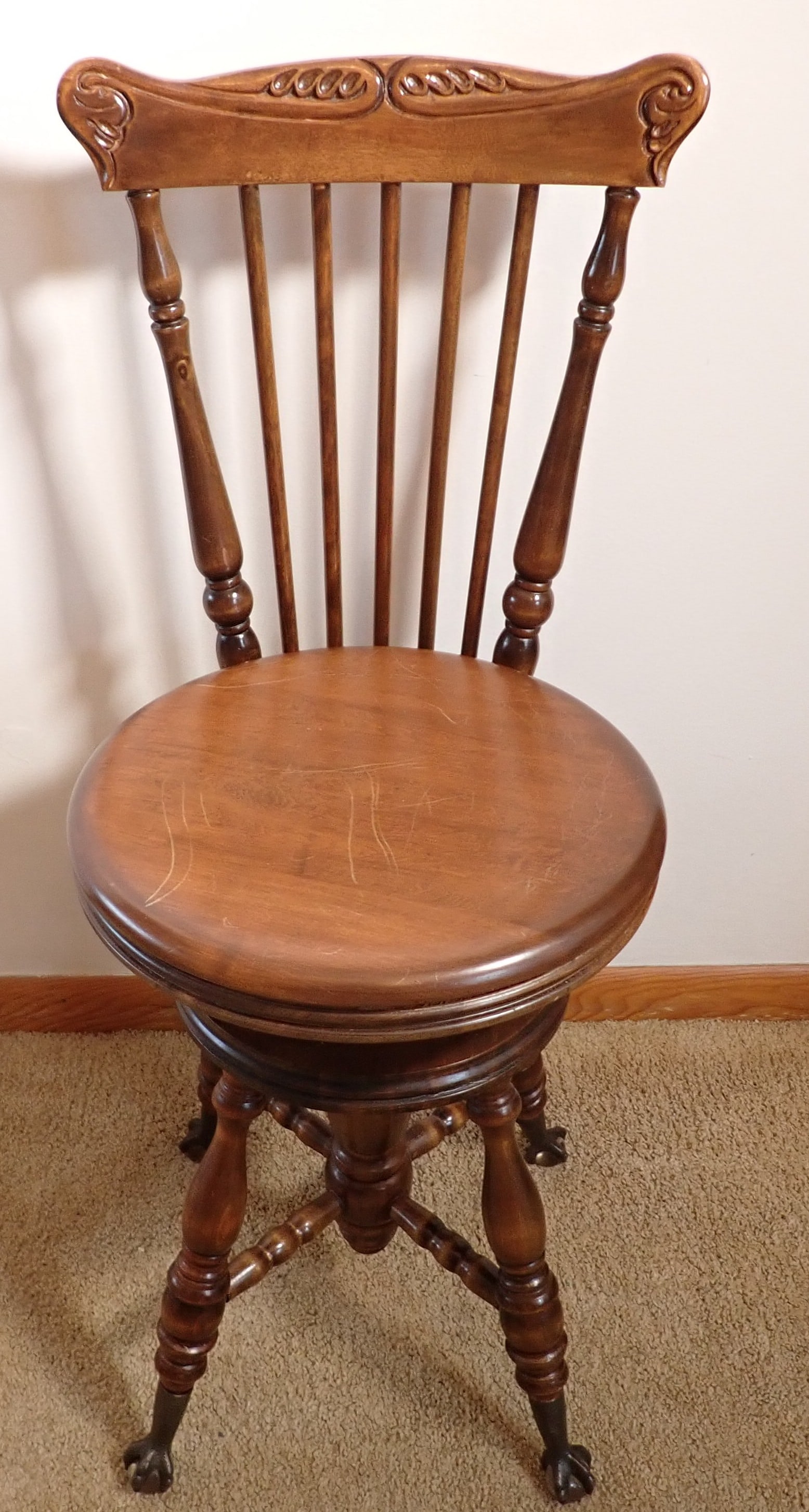 Ladies Piano Stool w/ Ball & Claw Feet: Seat is approx 14" in diameter, 19 3/4" to seat ( as pictured),15 3/4" deep, 34 1/2" tall. NO SHIPPING !