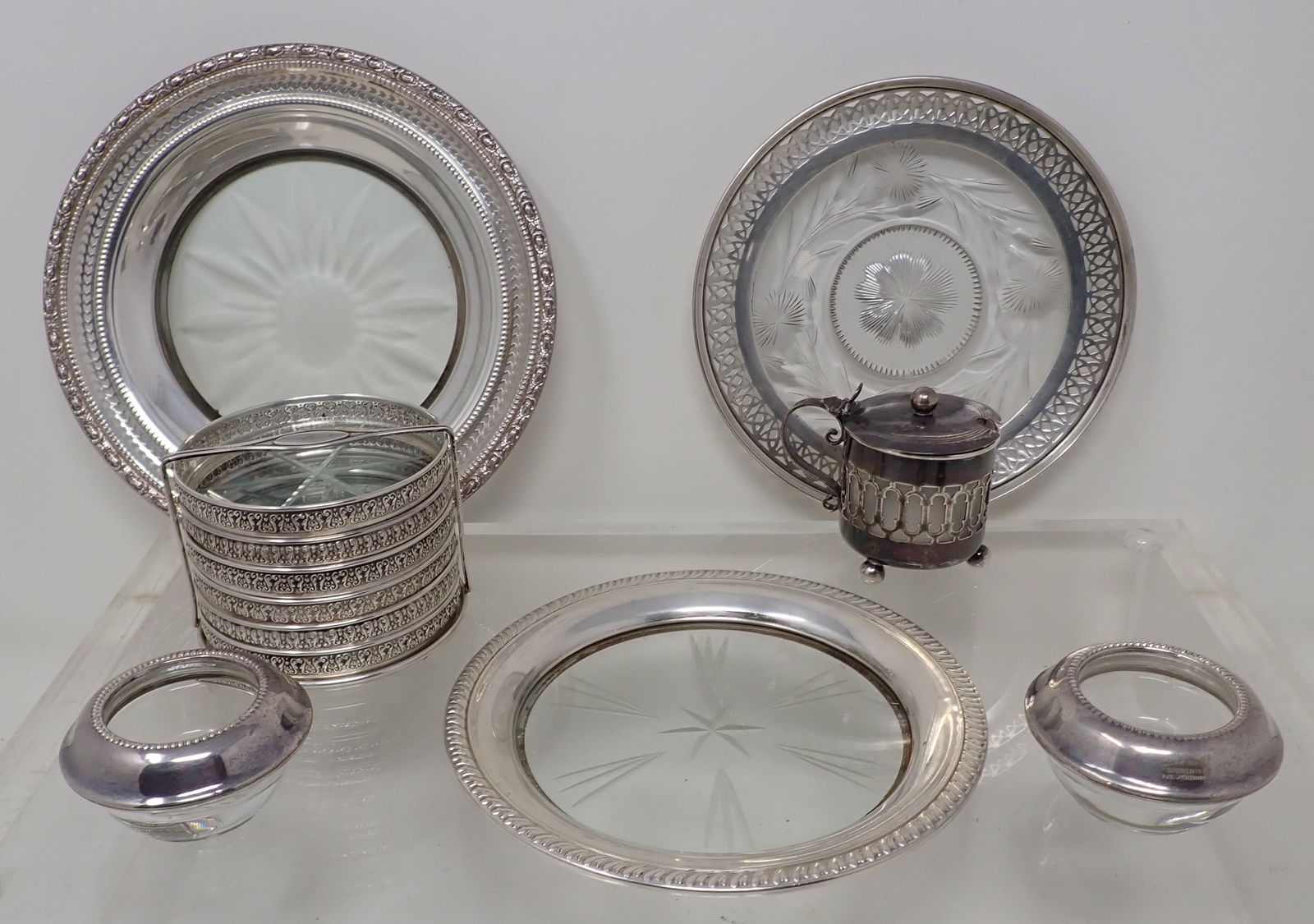 Glass w/ Sterling Silver Dishes Salts Coasters Mistard: Not all are marked or guaranteed Sterling. Largest dish is approx 6 1/2" in diameter