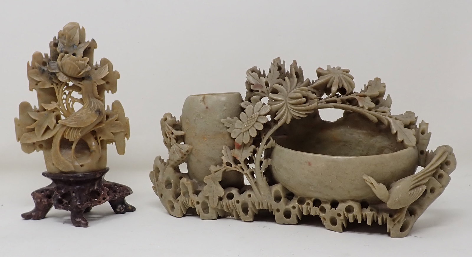 2 Pcs Soapstone: One on right is approx 10 1/4" long and 5 1/2" tall