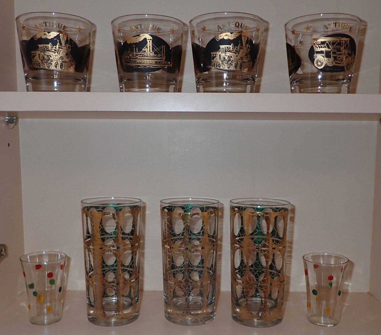 Vintage Drinking Glasses: Largest are approx 2 3/4" in diameter and 5 3/4" tall. NO SHIPPING