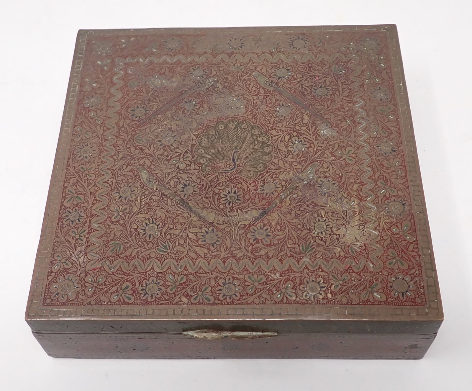 Ornate Brass Box w/ Peacock: Approx 6 5/8" x 6 5/8" x 1 3/4"