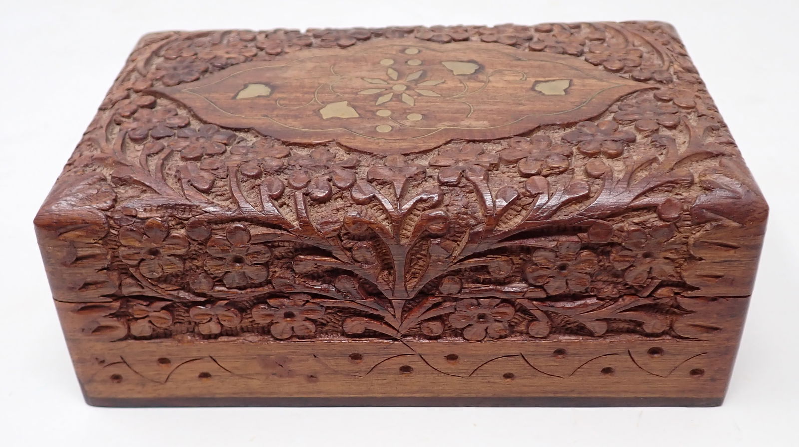 Flower Carved w/ Brass Inlay Jewelry Box (1 of 5)