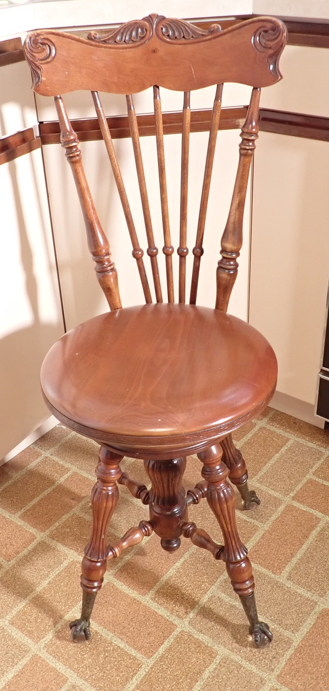 Ladies Piano Stool w/ Ball & Claw Feet: Seat is apprx 14" in diameter, 18 1/2" to seat, 16" deep, 36" tall. NO SHIPPING