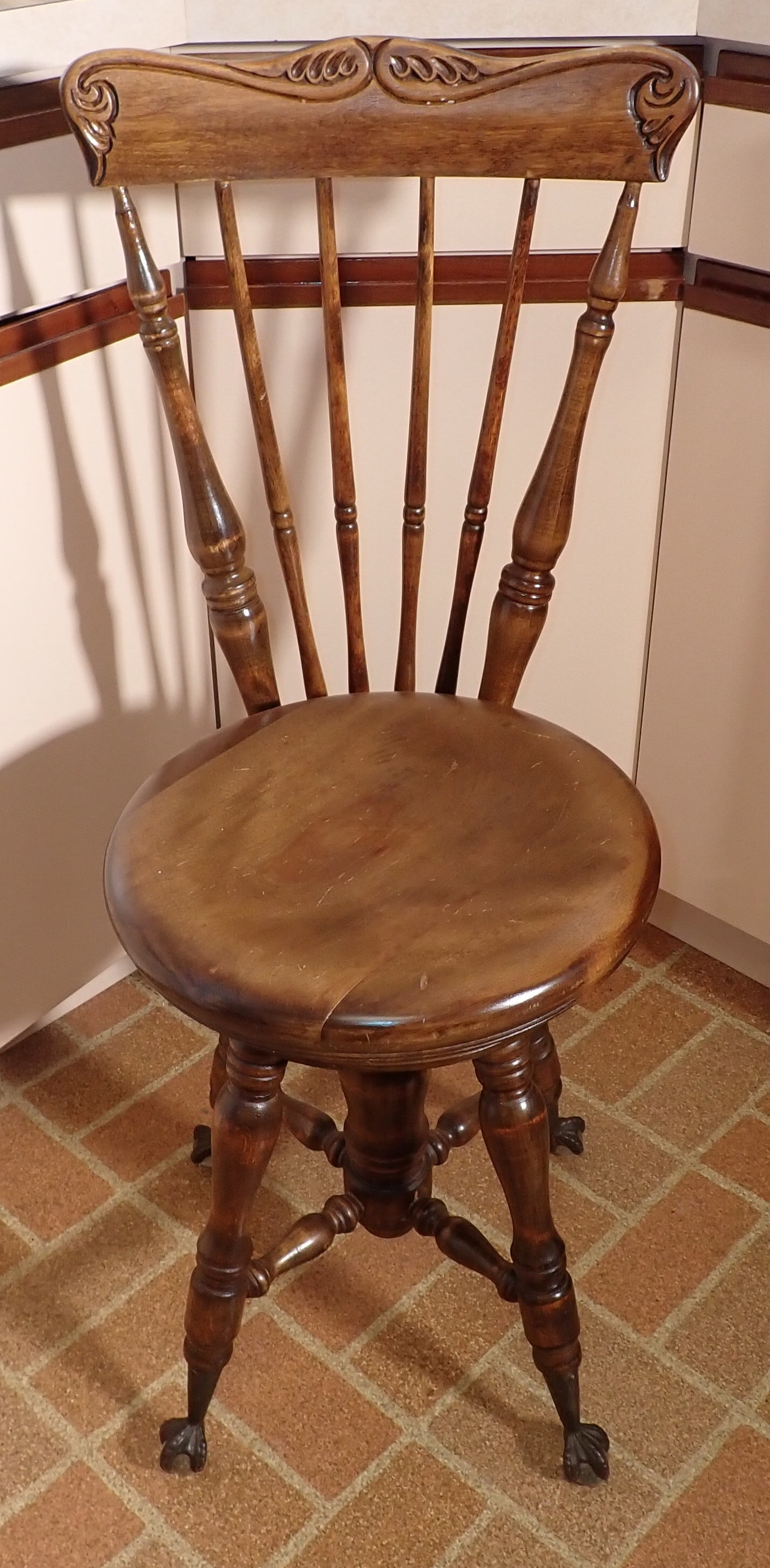 Ladies Piano Stool w/ Ball & Claw Feet: Approx 18 1/2" to seat, 16 1/4" deep, 36" tall, seat is 14 1/4" in diameter. NO SHIPPING