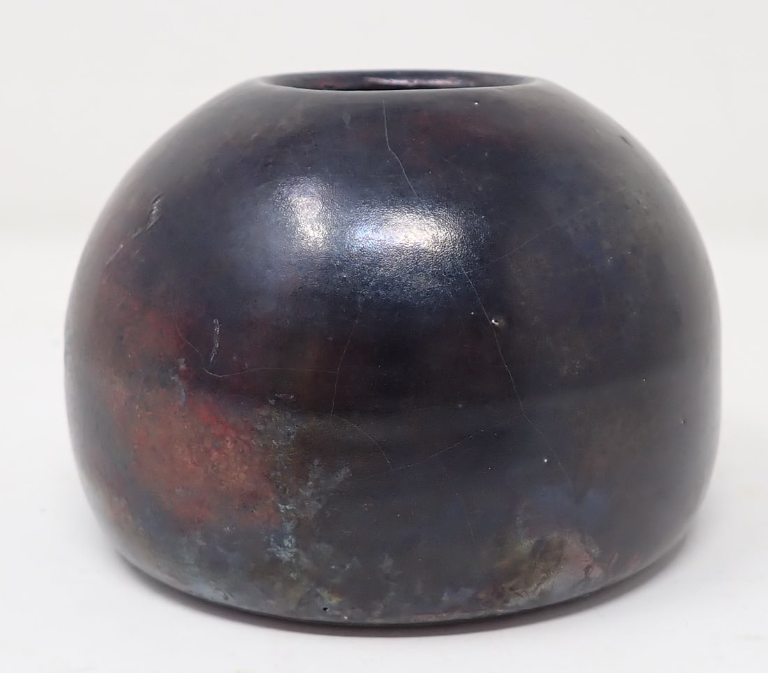 Signed Glazed Pottery Ink Pot: Approx 4" in diameter and 3" tall