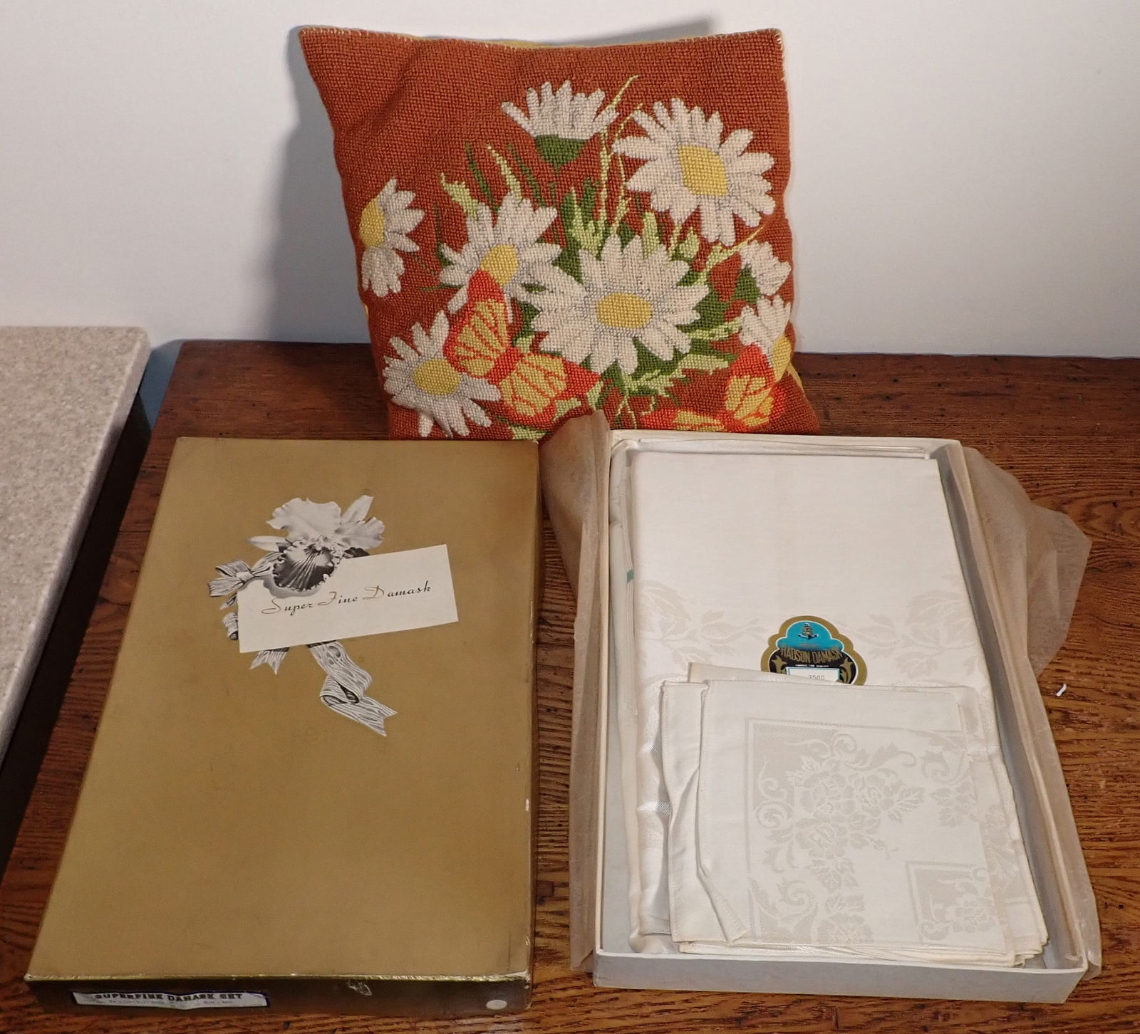 Damask Tablecloth Set & Vintage Pillow (1 of 5)