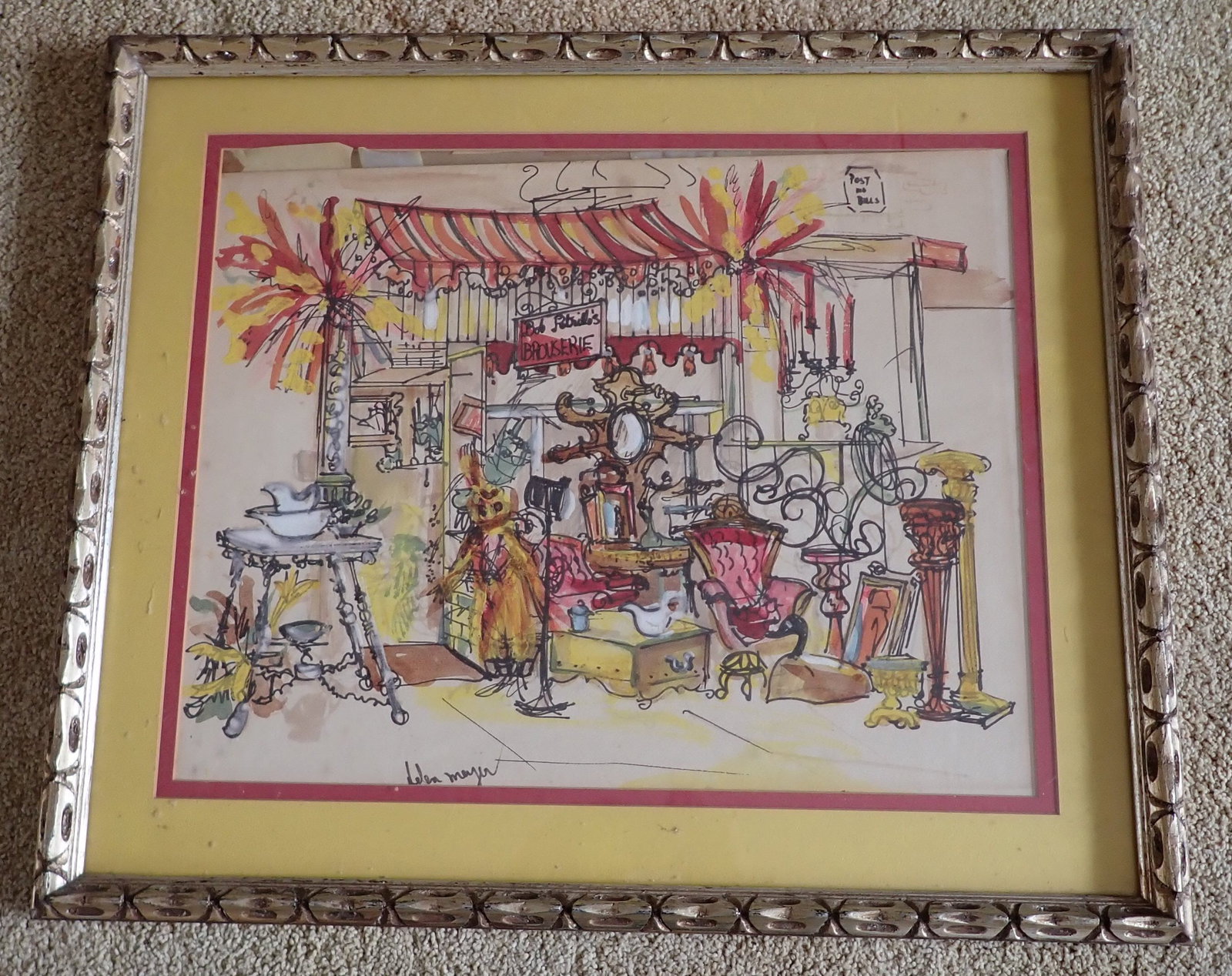 Signed Watercolor of Bob Petrillo's Brouserie: Approx 21 1/2" x 25 1/4". If shipping is needed, it can be packed and shipped thru UPS Store 5528. Get a quote before bidding
