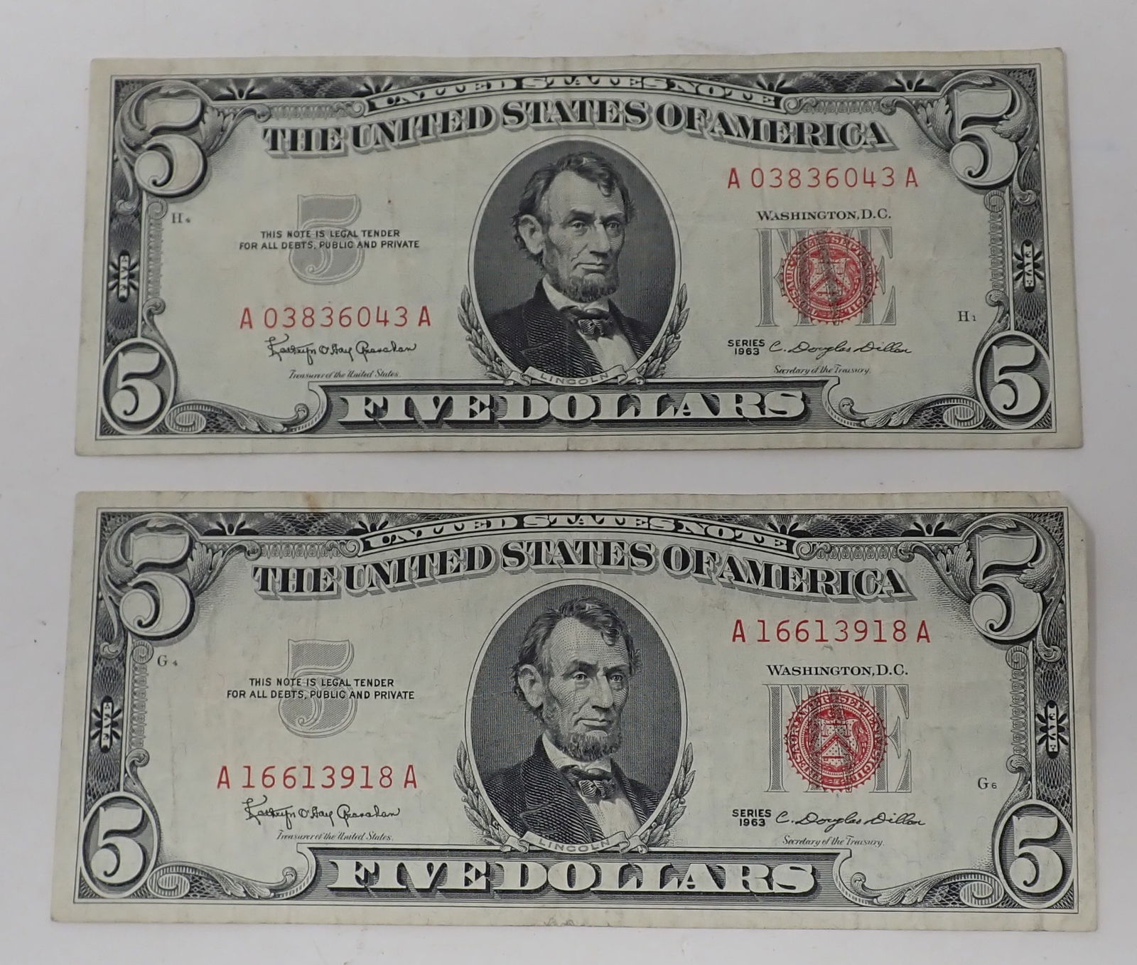 Two 1963 Red Seal $5 Bank Notes (1 of 5)