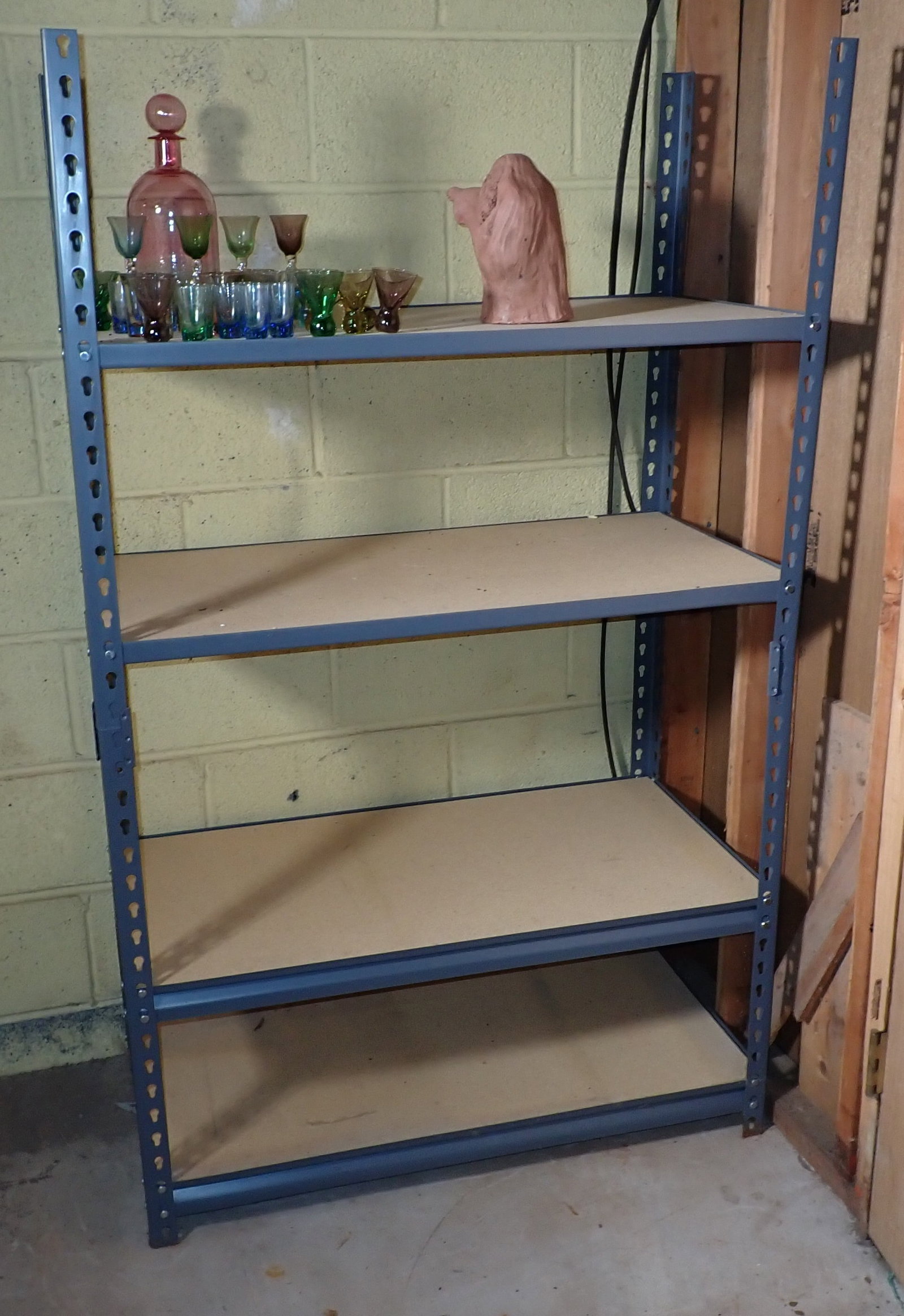 Shelf: Does not include contents. Approx 18 1/2" x 36 1/2" x 60" tall. No shipping ! Buyer to bring help to remove from basement