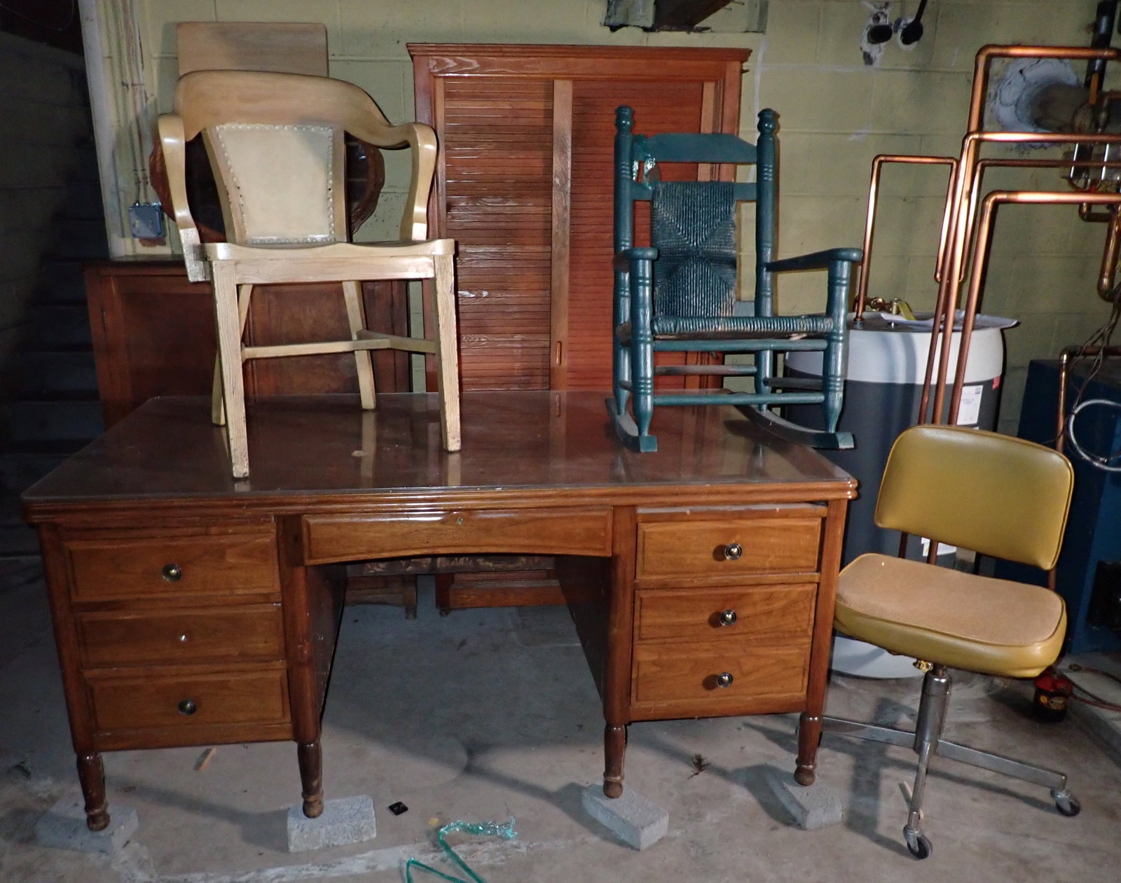Desk Chairs Mirror Green Painted Rocker: Desk is approx 36" x 65" x 30 1/4" tall and has a glass top on it, Buyer to bring help to remove from basement. Take what you want and leave the rest. NO SHIPPING !