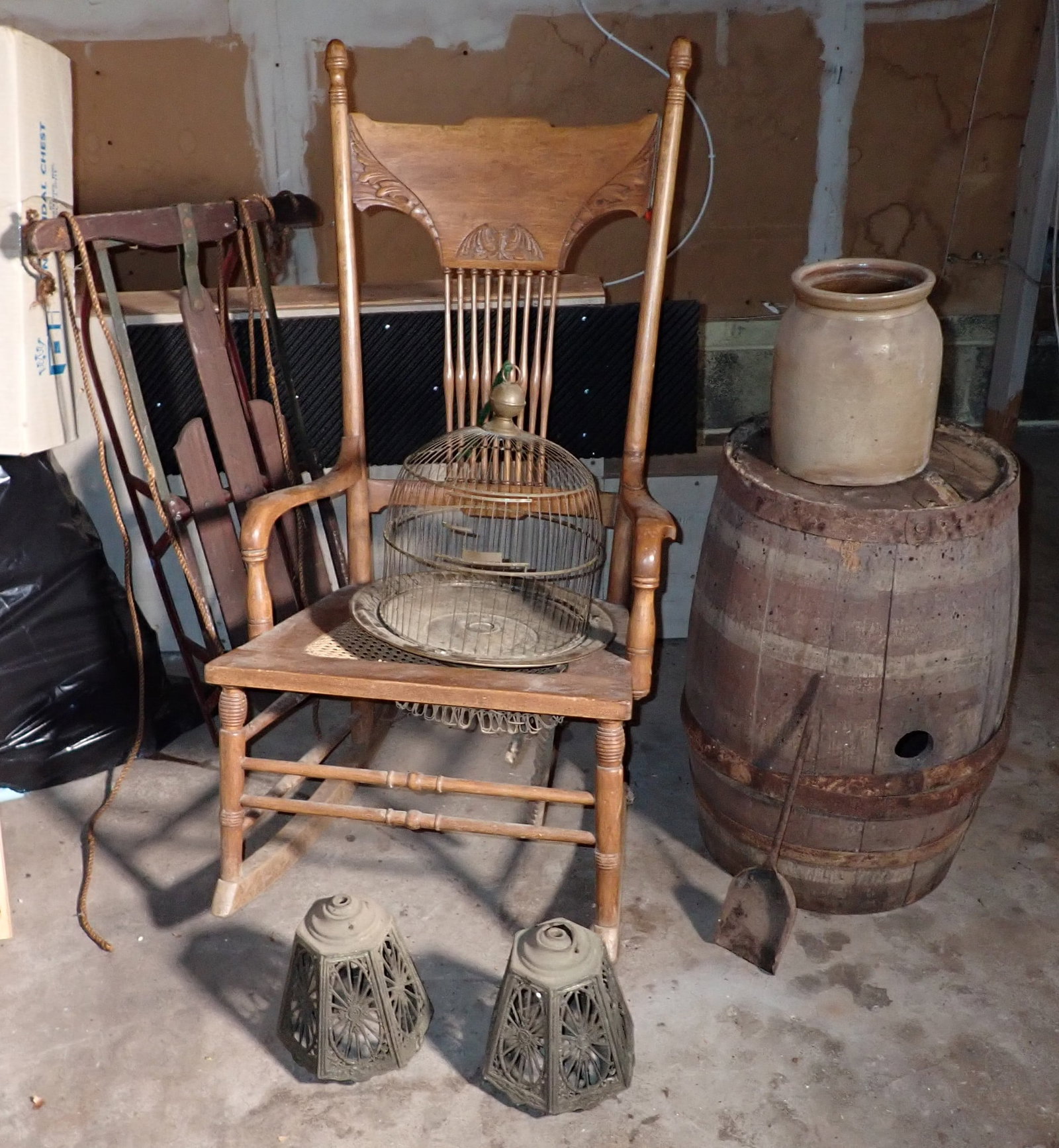 Sled Wooden Keg Rocker Birdcage & Misc: Take what you want and leave the rest. NO SHIPPING !