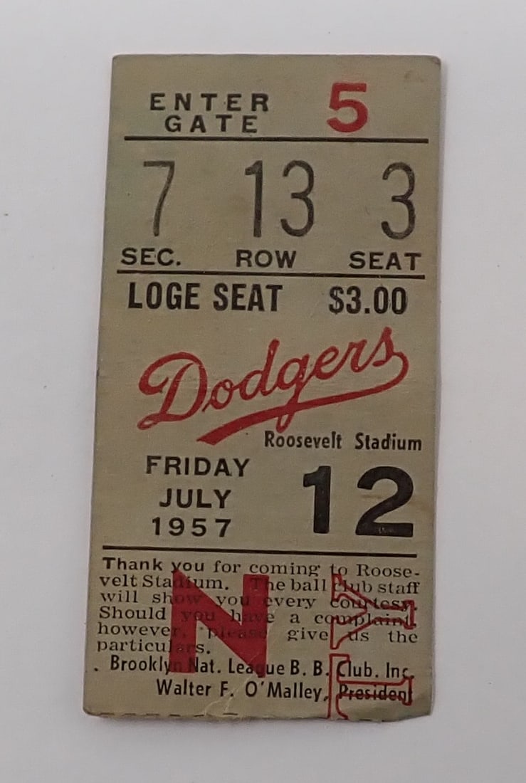 July 1957 Dodgers Baseball Ticket Stub (1 of 2)