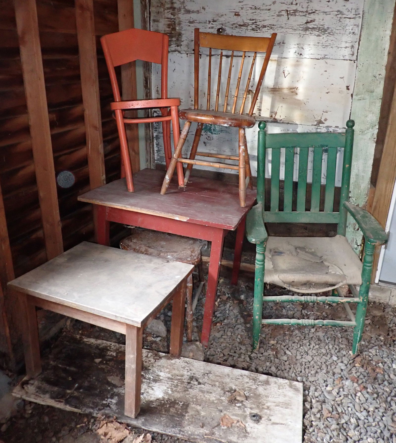 Chairs & Tables: Red table is approx 31" x 31 1/2" x 27 1/2" tall. Must take all & NO SHIPPING !