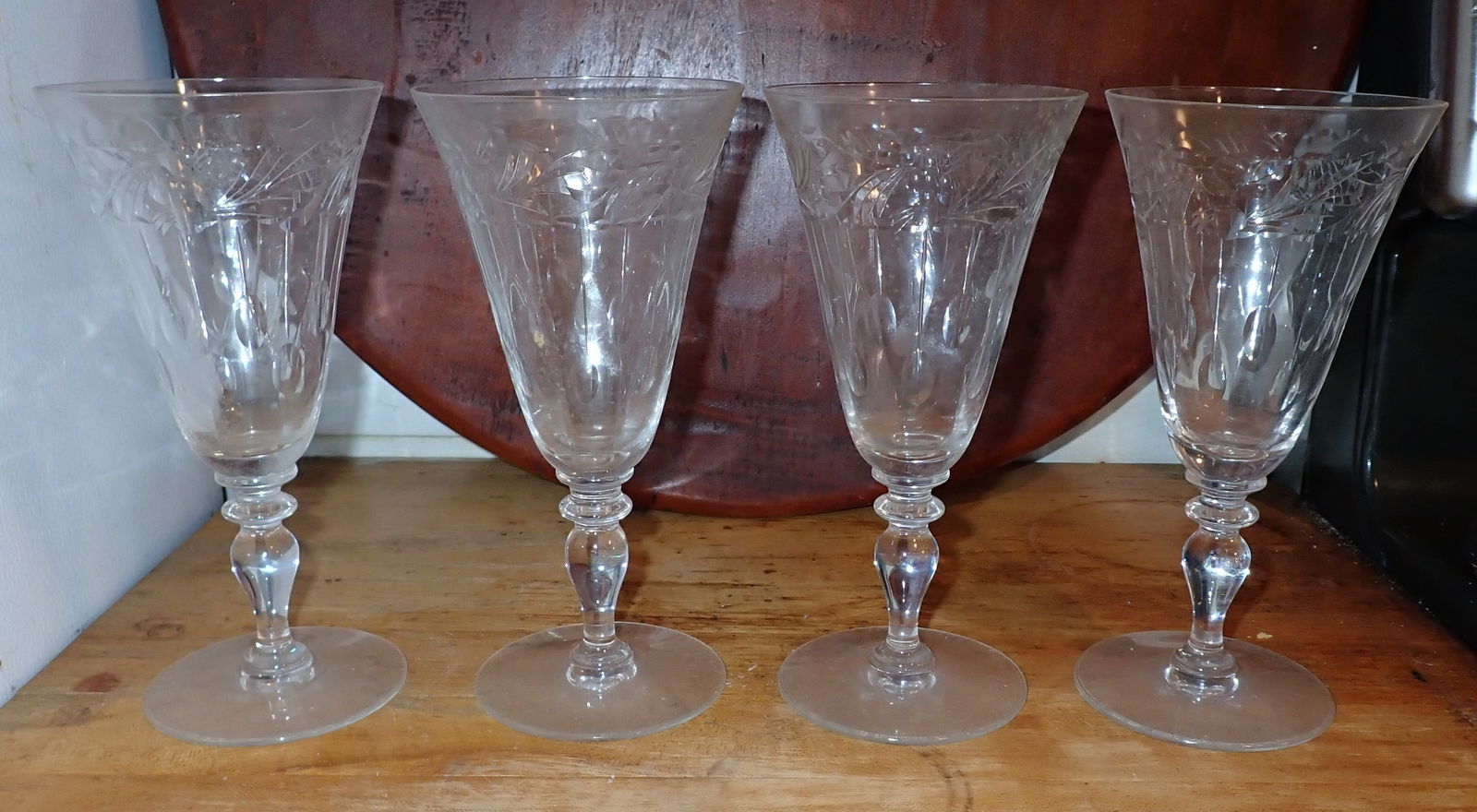 4 Hawkes Goblets: Approx 3 1/2" in diameter and 7" tall. Believed to be Hawkes. Sold as pictured, with No guarantees