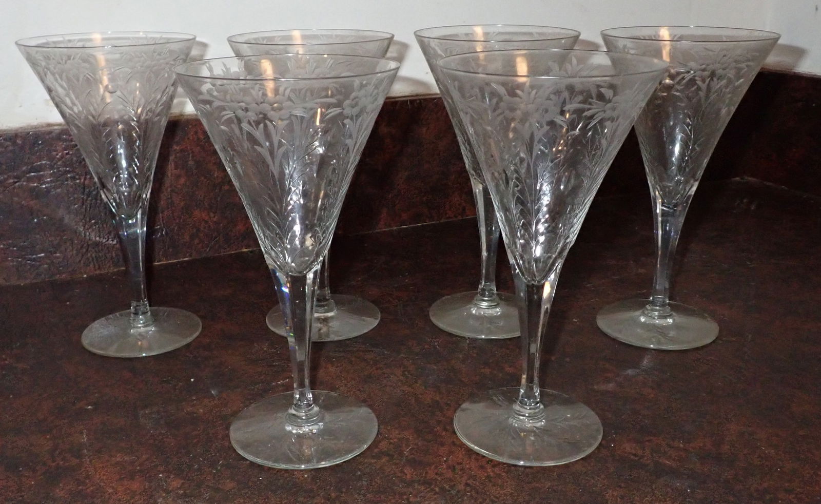 6 Water Goblets: Approx 4" in diameter and 7 1/2" tall.