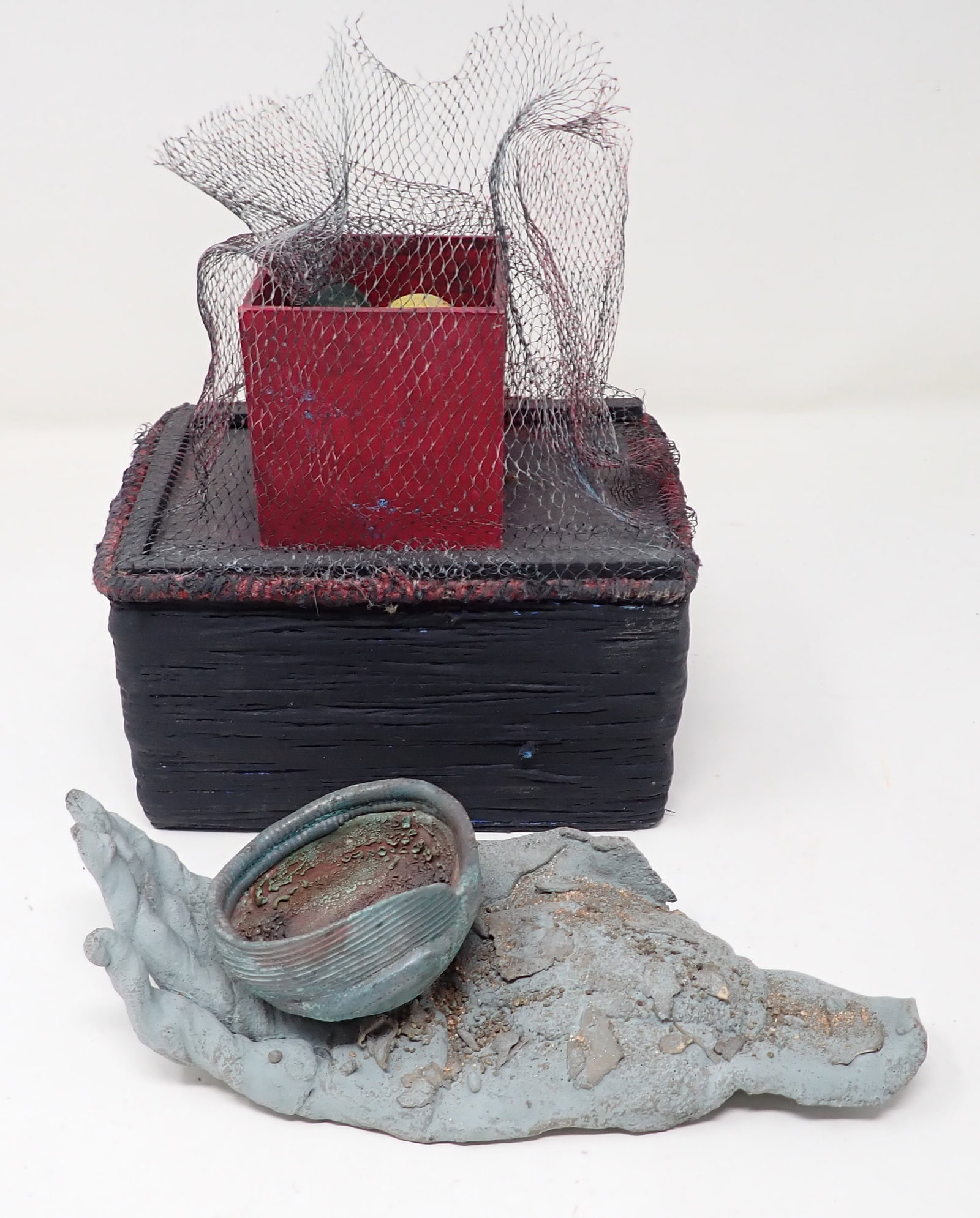 Folk Art Pottery Hand & Misc Art: Hand is approx 8" long. Box is a cigar box wrapped with some kind of material