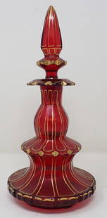 Bohemian Ruby Glass Perfume Bottle: Apprx 4 3/8" in diameter and 9 1/2" tall