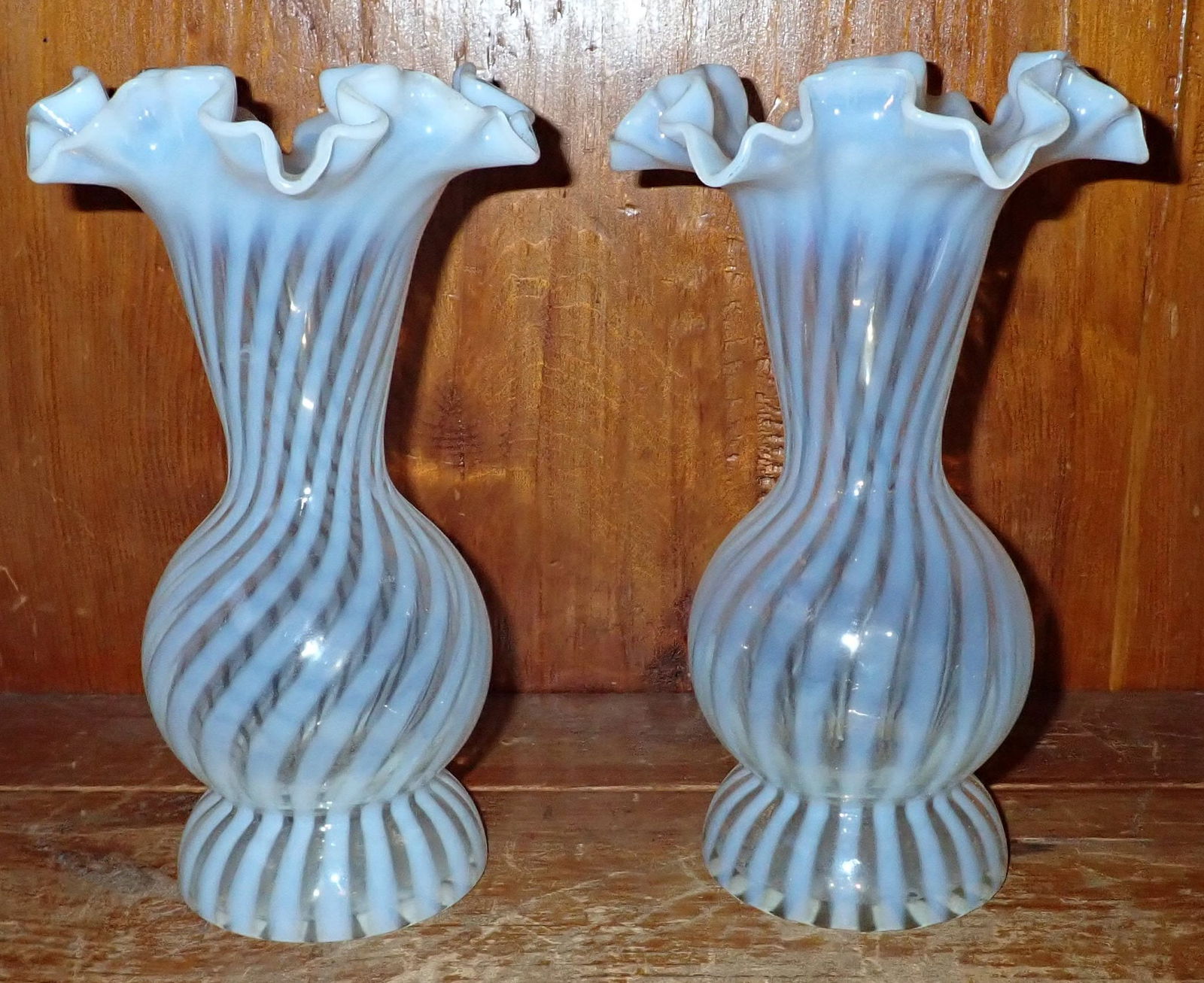 Pair of Opalescent Vases: Approx 5 1/8" in diameter and 8 1/2" tall.
