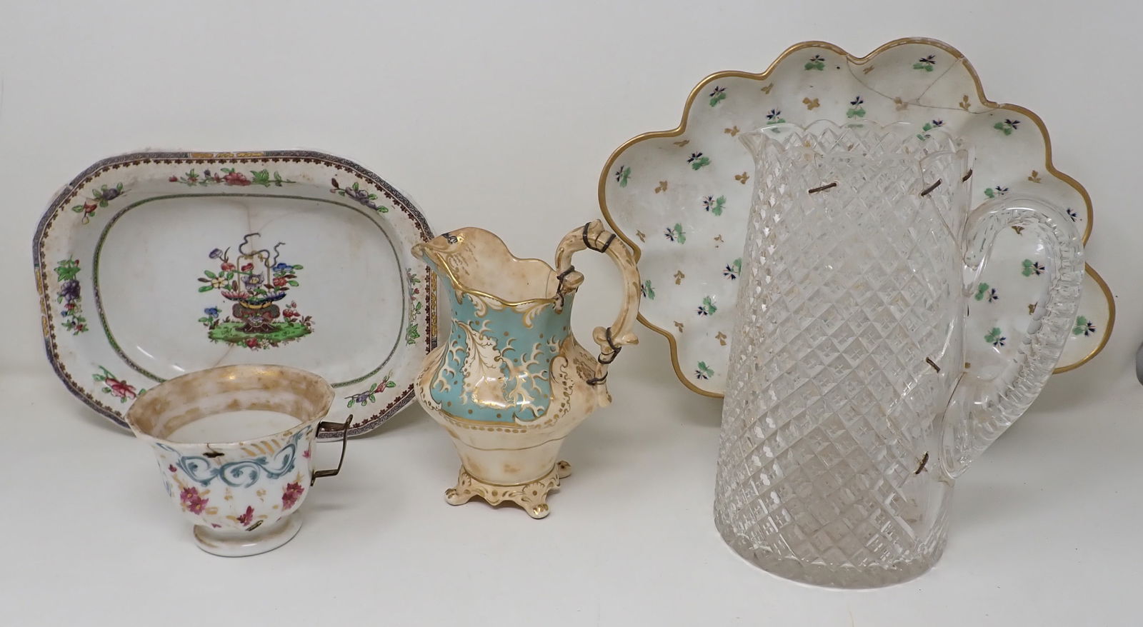 Early Repaired Glass Pitcher Creamer & Plates (1 of 6)