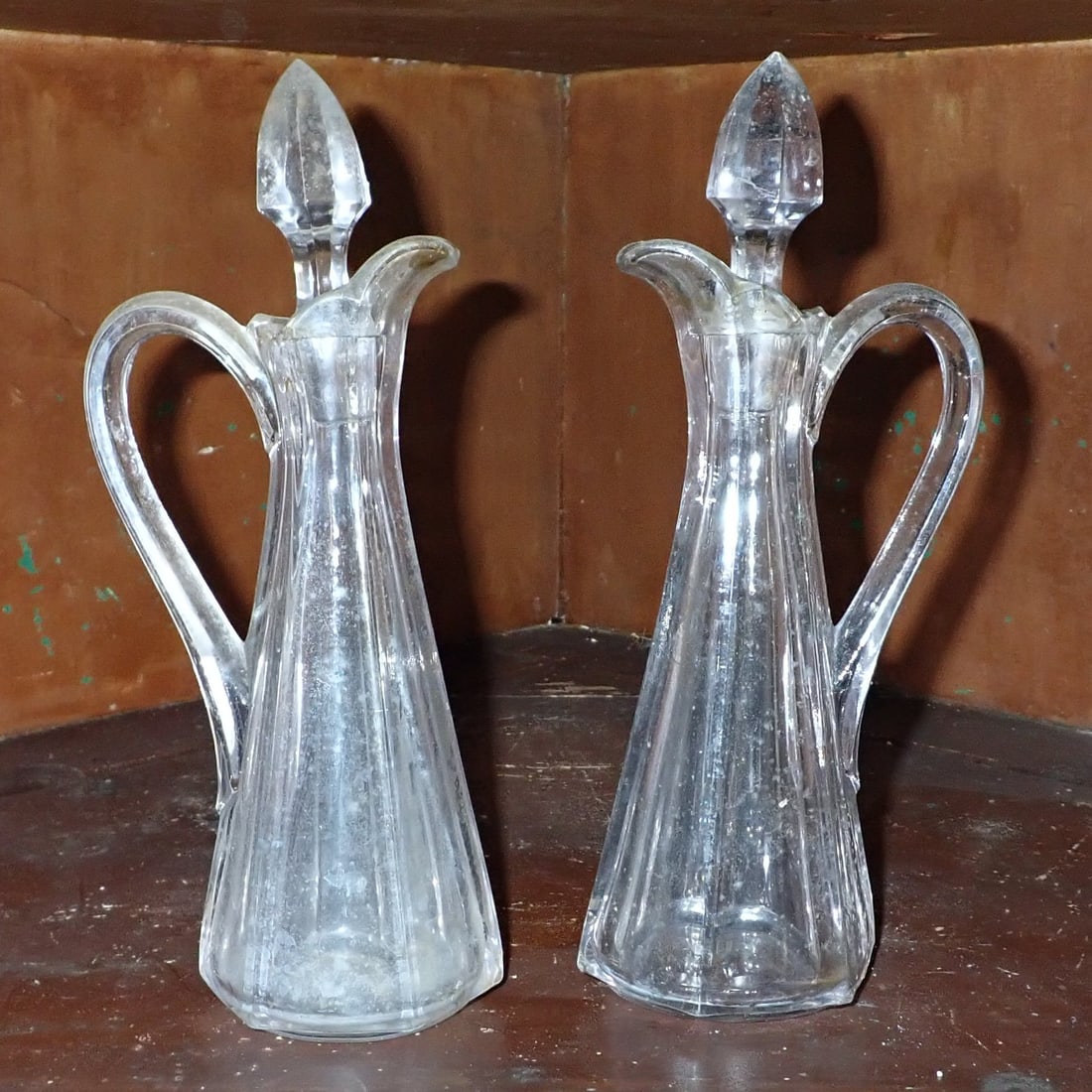 Pair of Early Glass Cruets: Approx 8 3/4" tall.