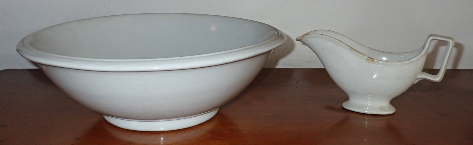 Ironstone Bowl & Porcelain Gravy: Bowl is approx 13 3/4" in diameter and 4 3/4" tall. NO SHIPPING