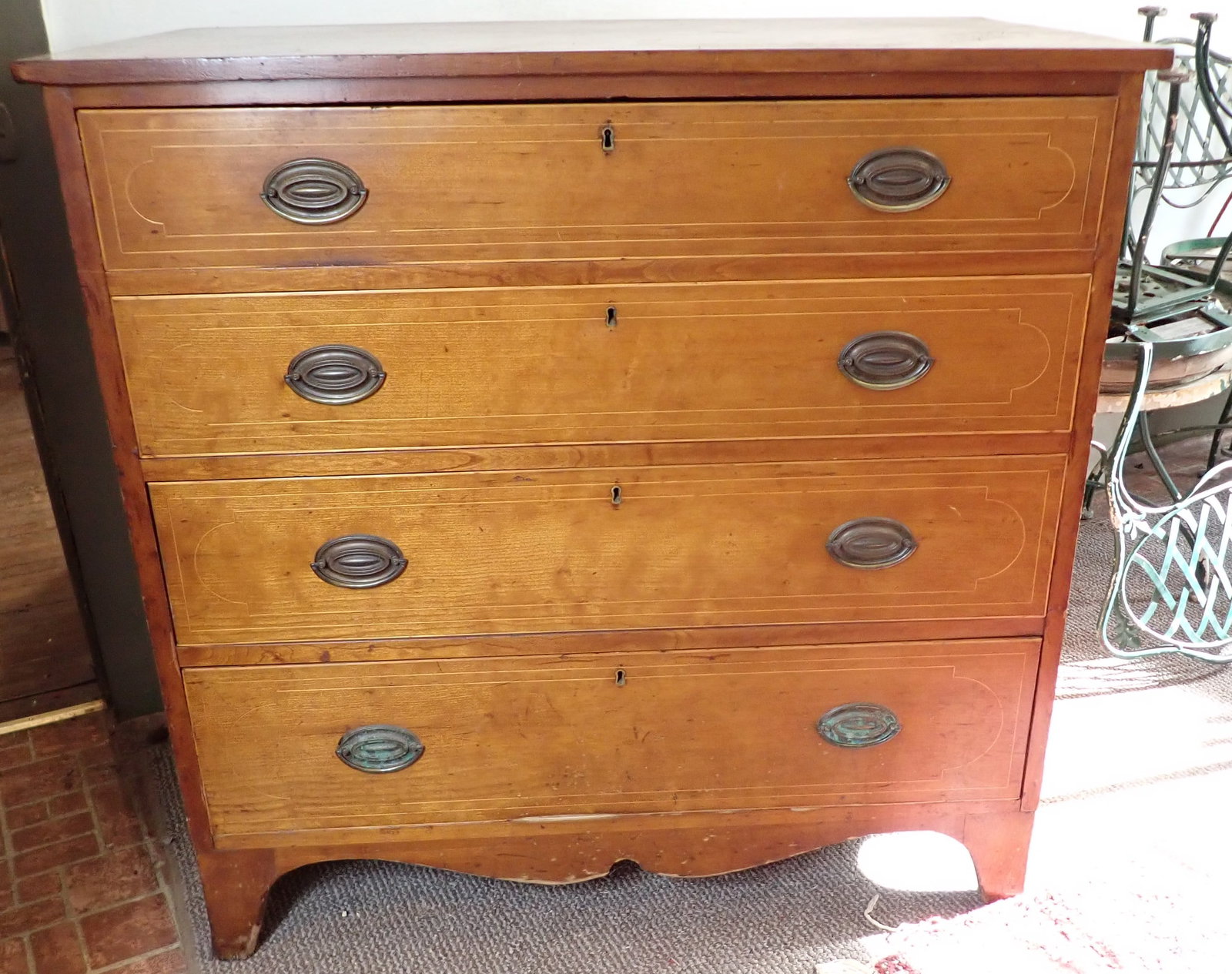 4 Drawer Hepplewhite Chest w/ Inlay: Approx 21 1/2" x 37 1/4" x 36 1/4" tall. Drawers are hand hewn. NO SHIPPING ! Bring proper help to remove !