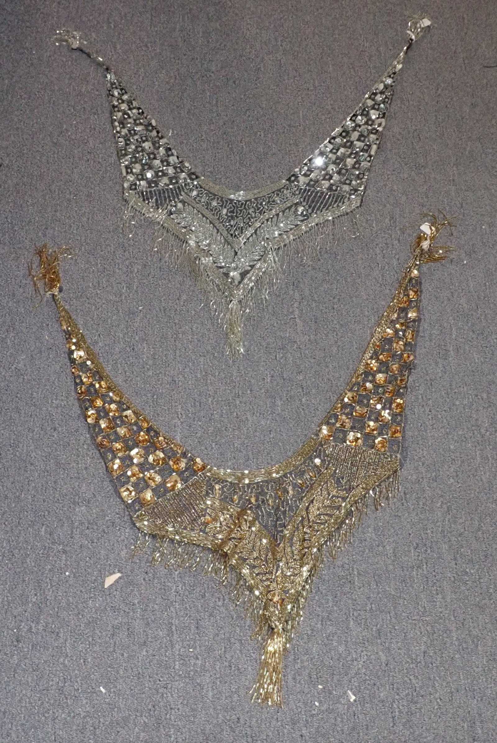 Sequence Bib Necklaces: Gold one is apprx 27" wide as pictured and 32" long