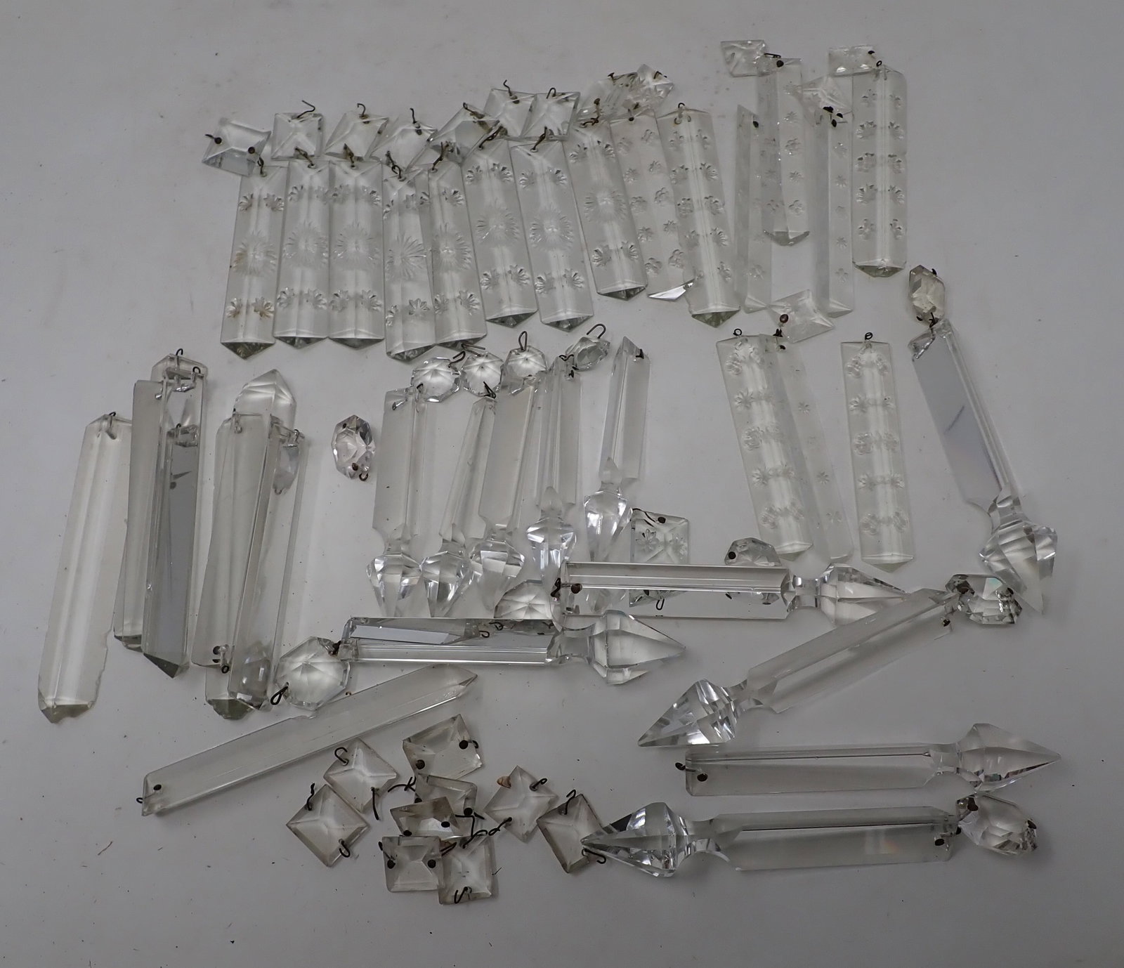 Glass Prisms: Longest are apprx 6" long. We do not guarantee all are complete. NO SHIPPING !