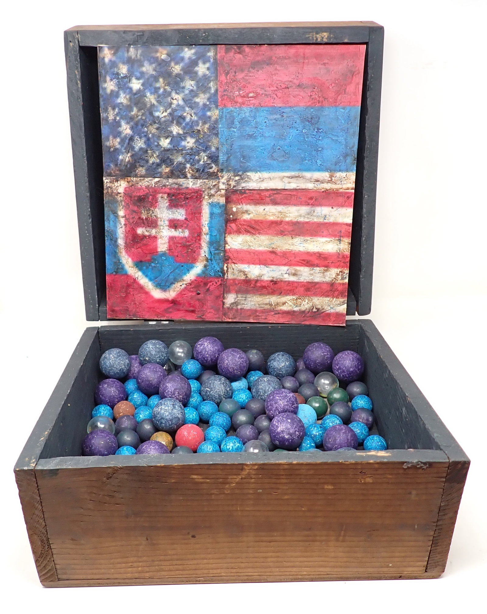 Flag Painting Art Balls and Box: Flag is painted on cardboard with wax over it and is approx 12" x 12 3/4". Box is apprx 13 1/4" x 14 1/4" x 8 3/4" tall. NO SHIPPING