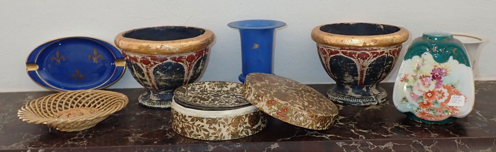 Mantle Contents: Blue glass vase is approx 3 3/8" in diameter and 4 1/4" tall. NO SHIPPING !