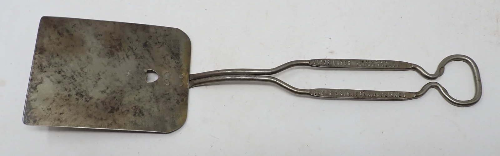 Jacob Mayer Easton Pa Clothier Spatula: Approx 3" x 11 3/4" and has a heart cut out