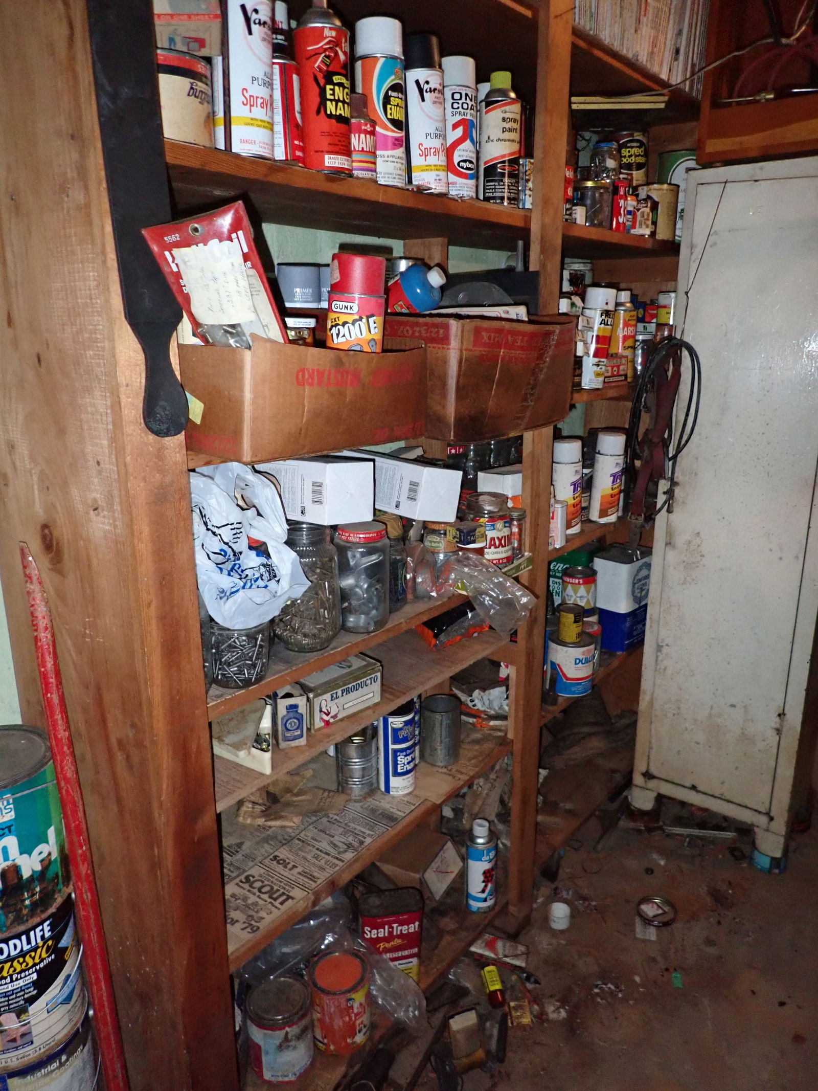 Spray Paint Cans Torch Hardware & Cabinet: Lot includes all on shelving unit ( except magazines ) that were listed in previous lot. Take what you want and leave the rest. NO SHIPPING !