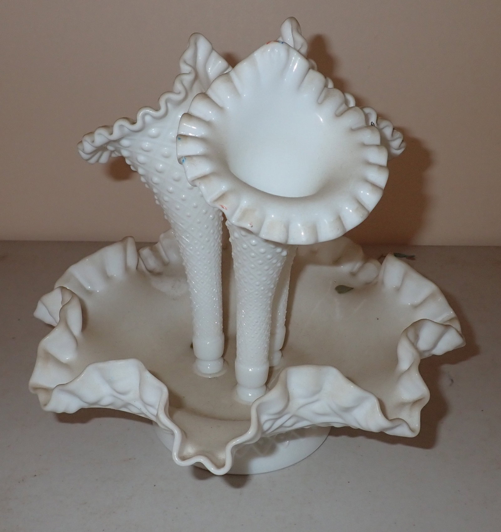 Fenton Milk Glass Epergne: Approx 10 1/2" in diameter and 10" tall