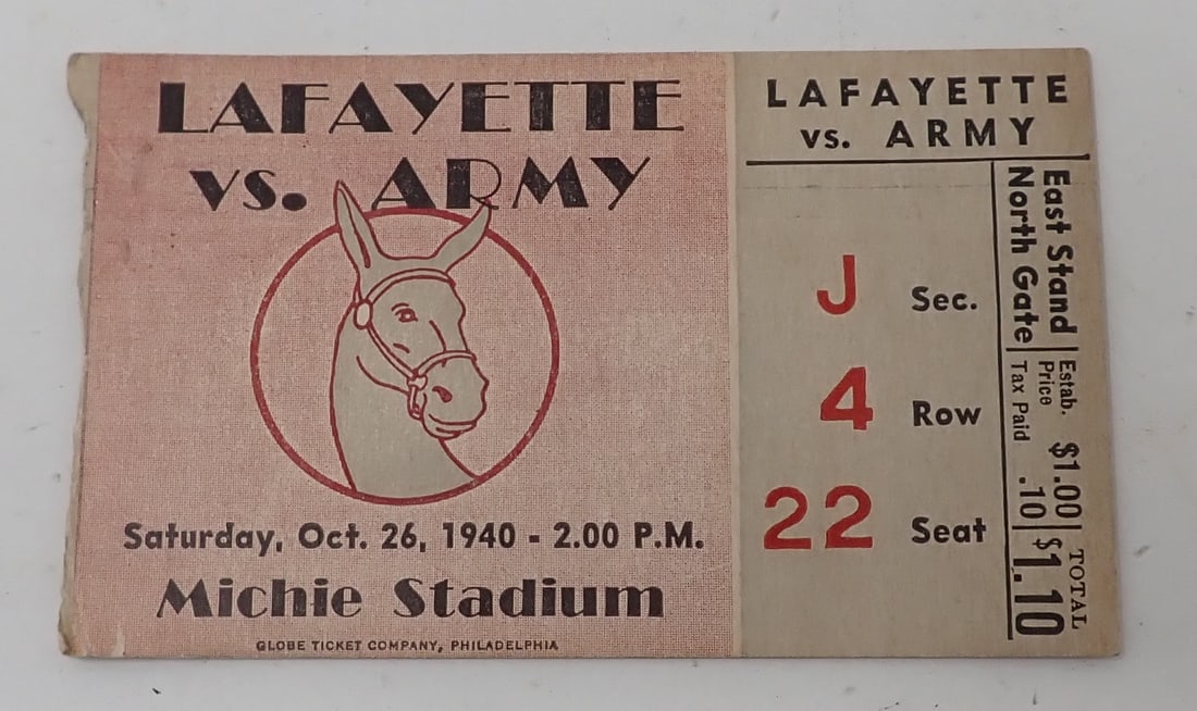 1940 Lafayette vs. Army Football Ticket Stub (1 of 2)