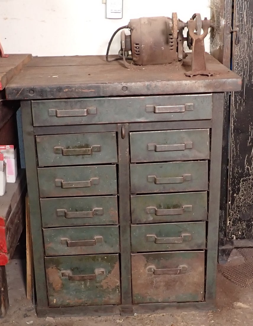 11 Drawer Cabinet w/ Contents & Grinder: Cabinet is approx 28" x 28" x 32 1/2" tall. No shipping ! Bring help to load.