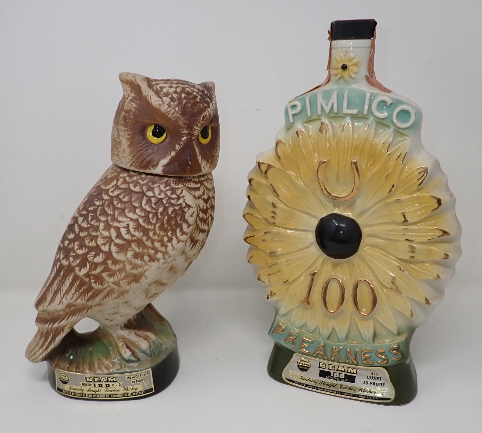 Beam Preakness & Owl Decanters: Tallest is apprx 11 1/4" tall. Both are empty.