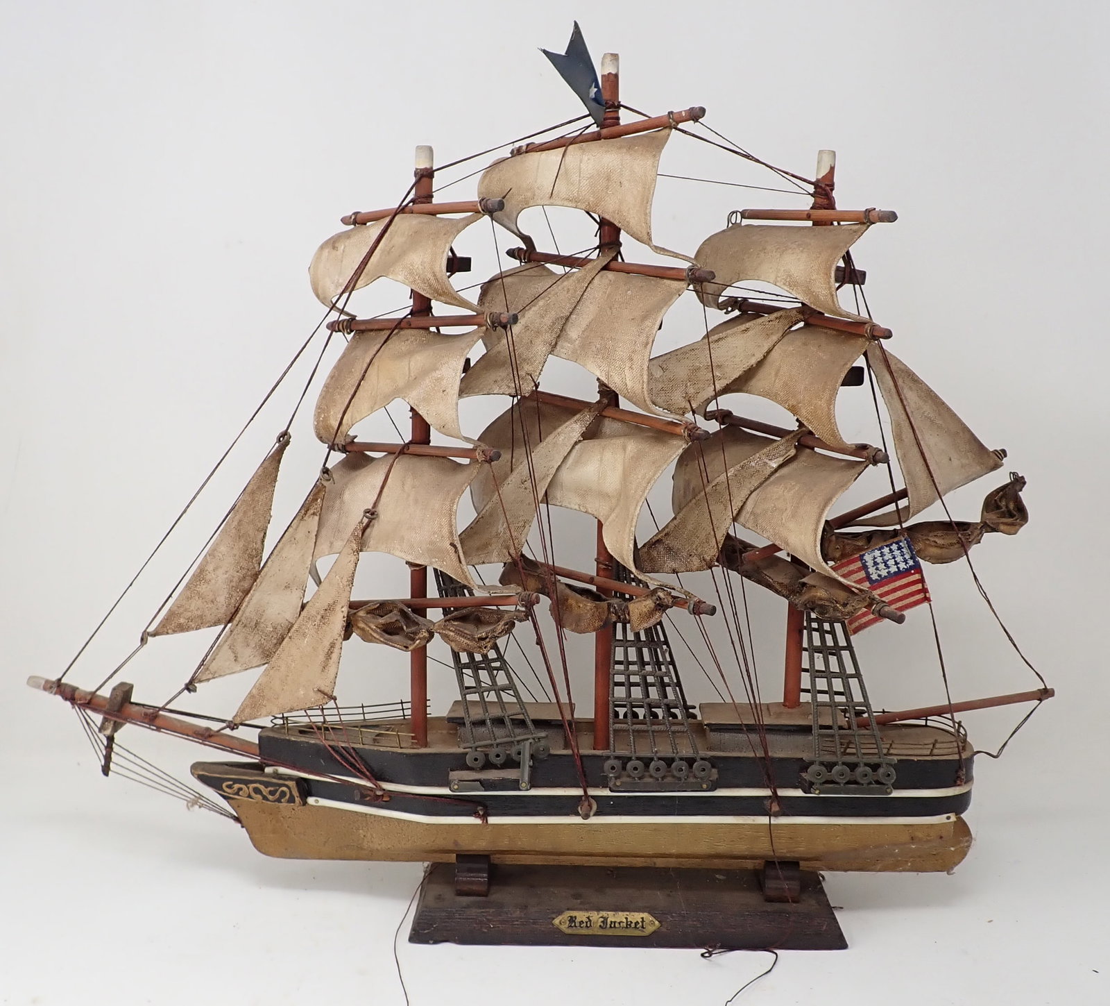 Red Jacket Wooden Ship Model: Approx 19 1/2" x 15 1/4" tall. NO SHIPPING