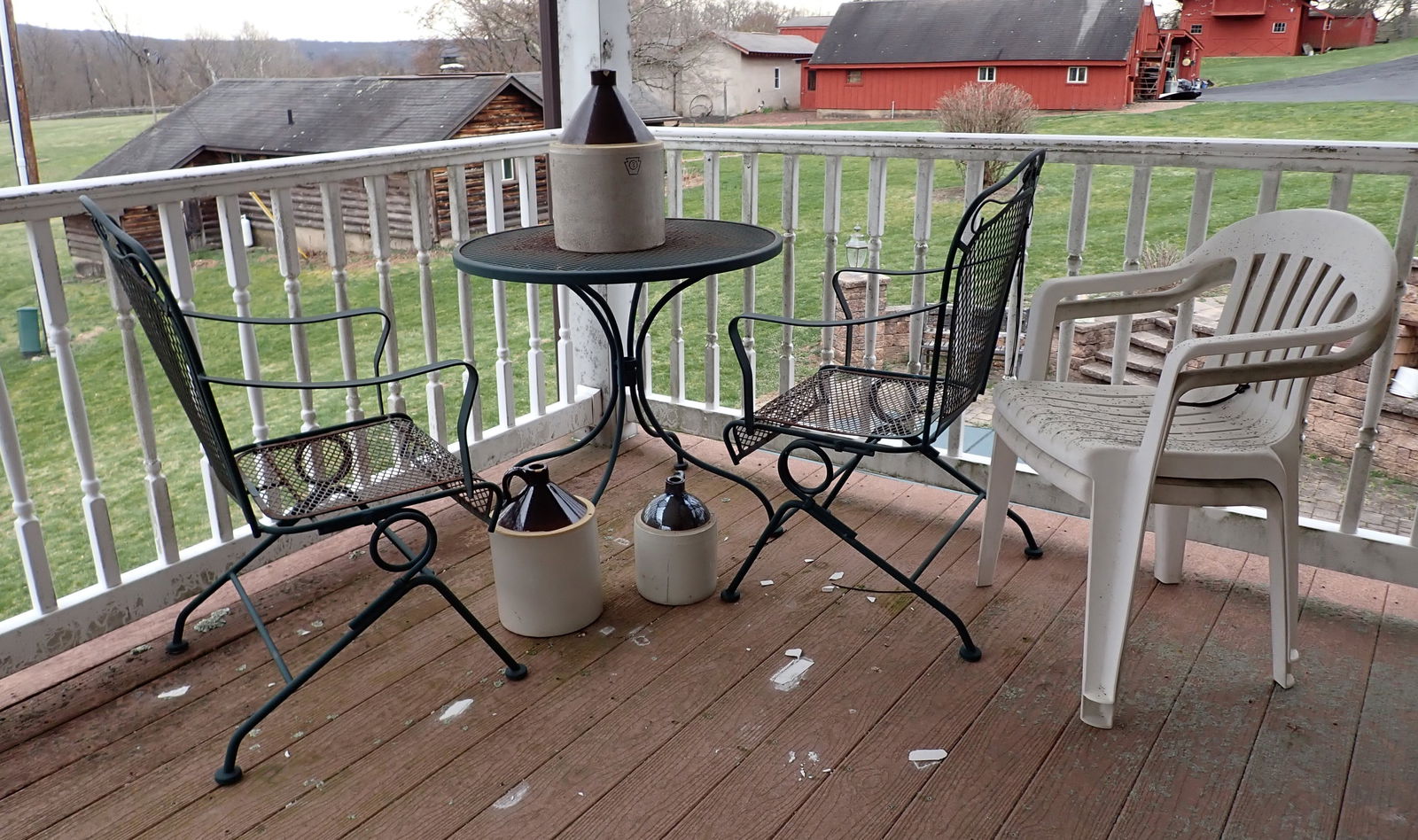 Patio Table Chairs & Stoneware Jugs: Table is apprx 30 1/2" in diameter. Take what you want and leave the rest. NO SHIPPING !