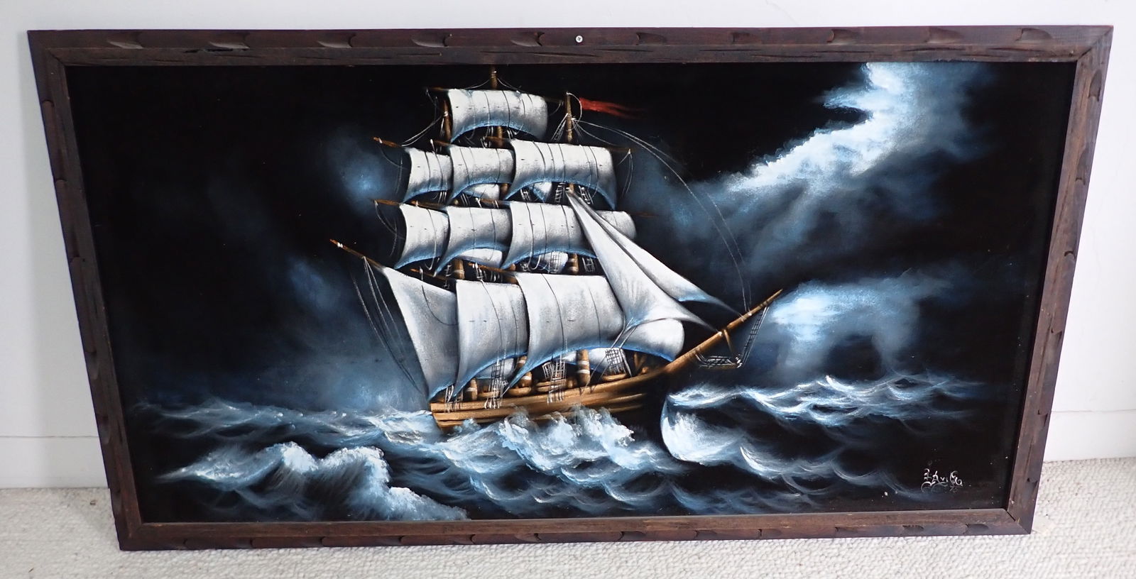 1975 Signed Ship Painting on Fabric: Approx 27" x 50 1/2". NO SHIPPING