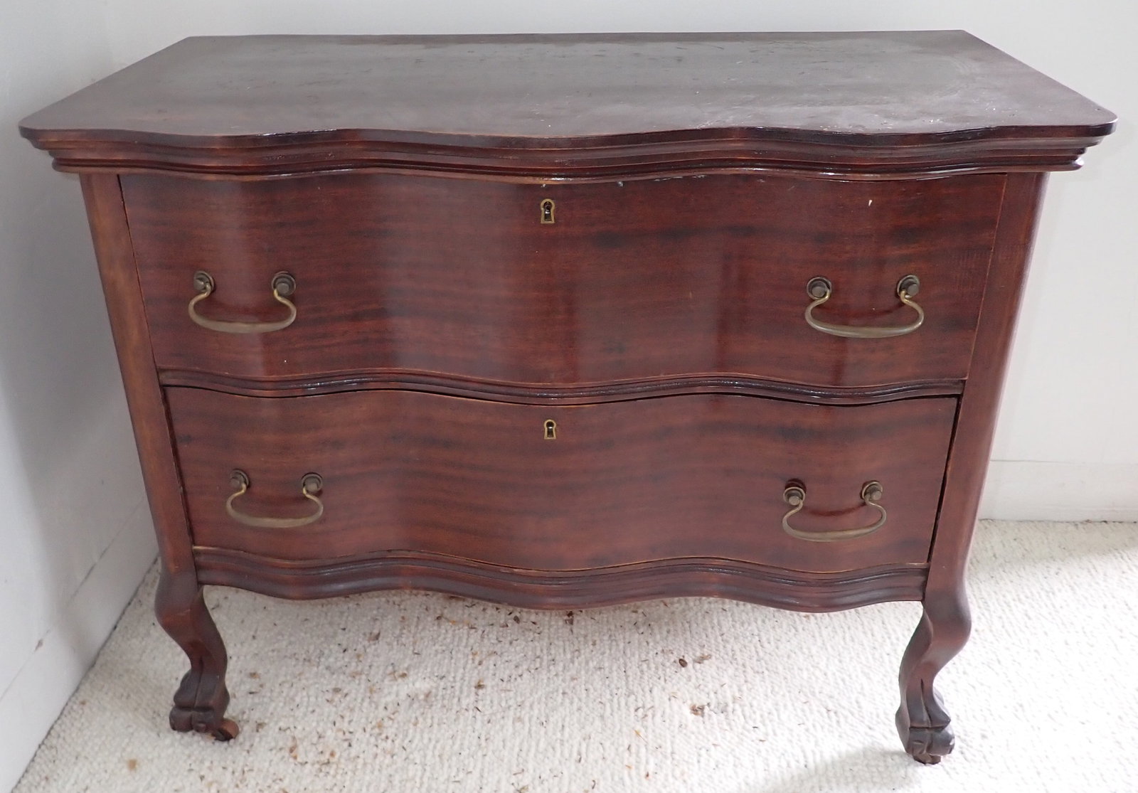 2 Drawer Claw Foot Chest: Approx 18 1/2" x 34" x 26 1/2" tall. No shipping ! Bring help to remove from second floor